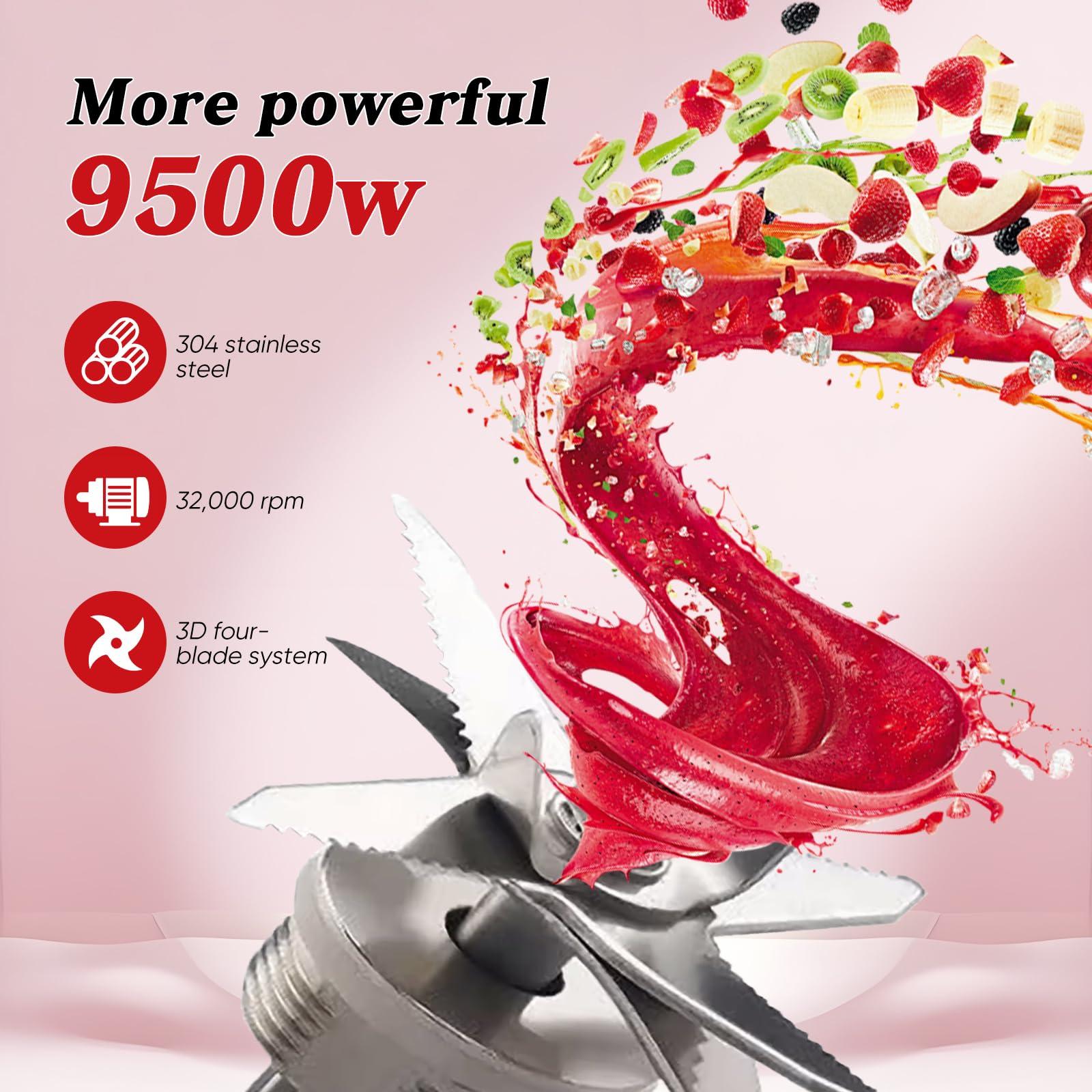 Batidora licuadora de 9500 W 3L, 32000 RPM, 8 en 1 batidora multipropósito con cuencos para jugo, picar, moler, amasar, rallar - acero inoxidable