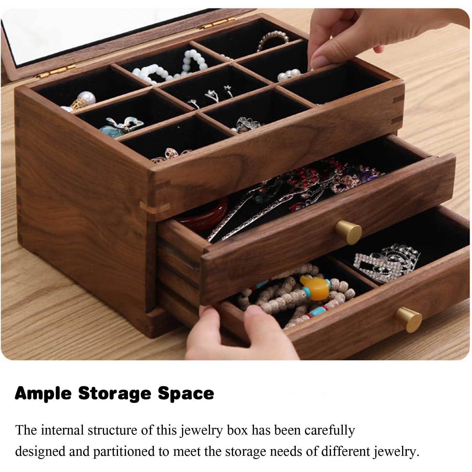 Pudełko na biżuterię, Solid Wood Jewelry Box Mirror 2 Drawers Velvet Interior 9.45x6.30x6.69 Inches Storage Organizer