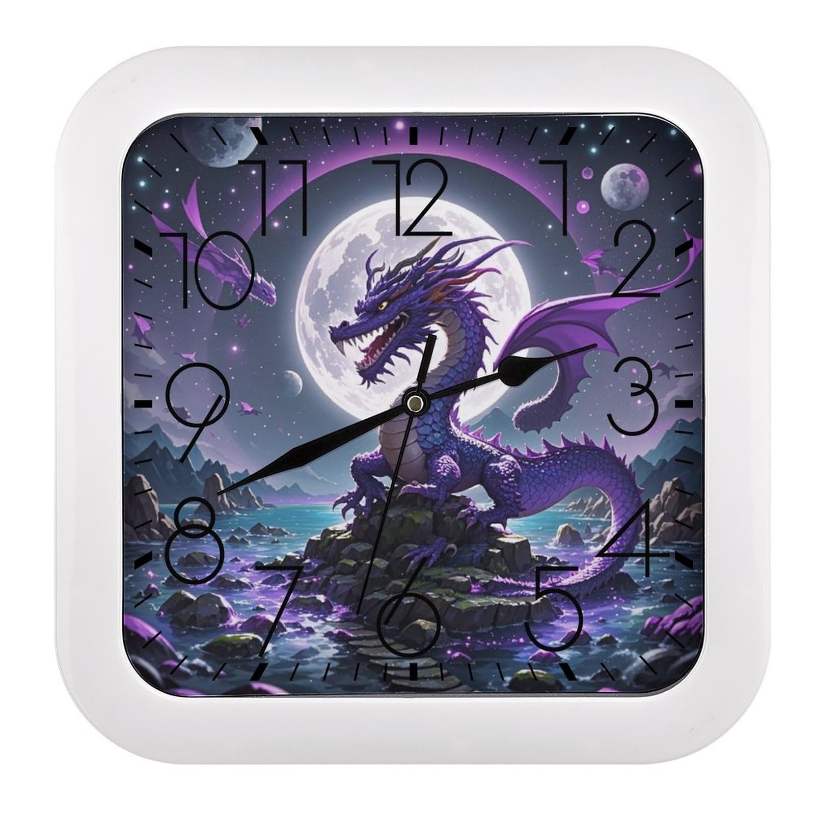 LZQPOEAS Purple Dragon Moon Wall Clock Fashionable Versatile Silent Wall Clock Simple Elegant Non Ticking Analog Clocks Easy to Install Square Modern Clocks for Home Decoration