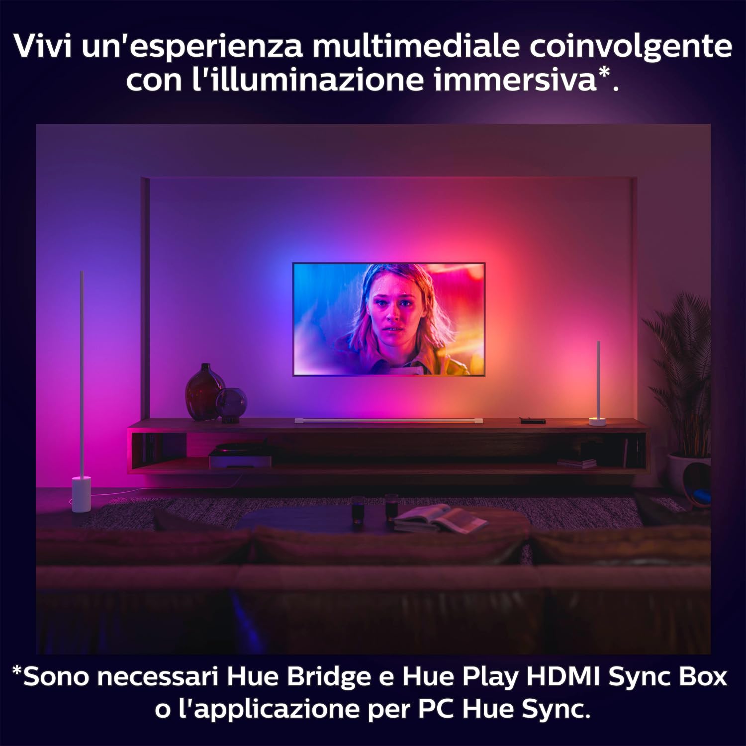 Philips Hue Play Gradient Light Tube, Tubo LED Smart, 125 cm, Bianco | Per TV 60", 16 milioni di colori, Illuminazione surround sincronizzata, Tecnologia Gradient, Smart Home, Rotazione 340°