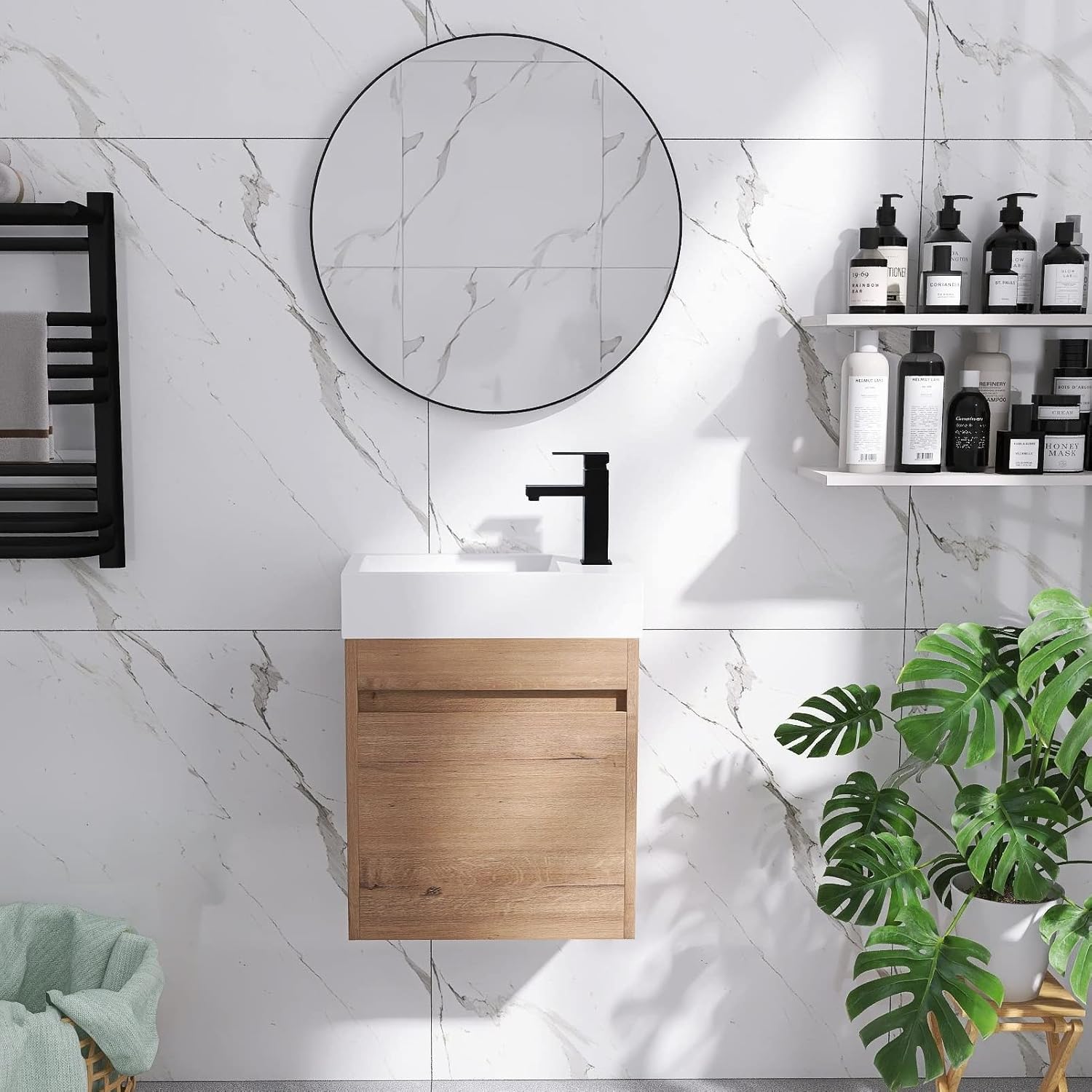 18'' Bathroom Vanity Sink Combo for Small Space Wall Mounted Cabinet Set, Single Sink Modern Bathroom Vanities Set, Soft Close Door(Imitative Oak, 18 * 10)