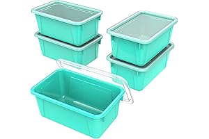 Storex Small Cubby Bins – Plastic Teal Storage Containers for Classroom with Non-Snap Lid