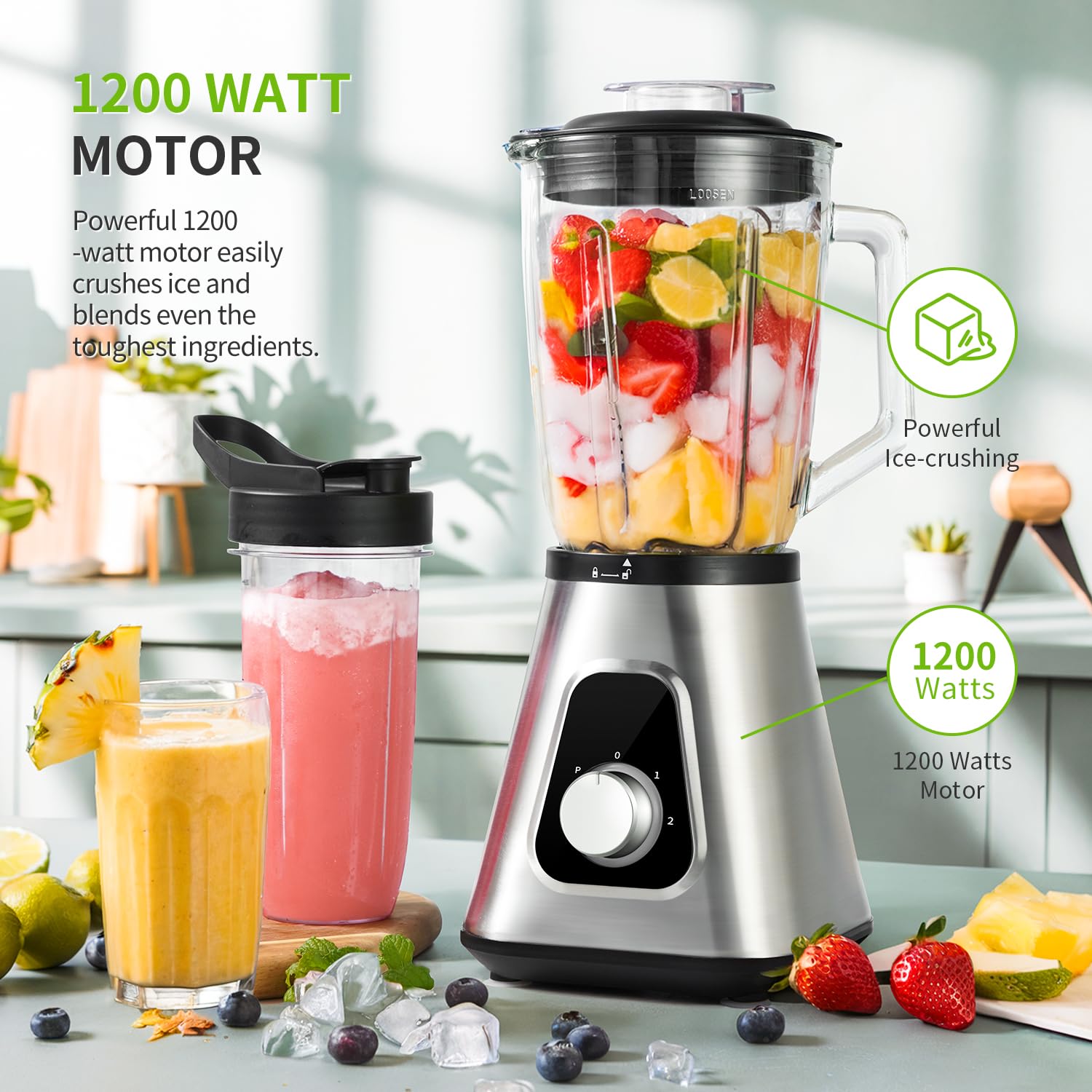 GDOR Frullatore 1200 W ad Alta Velocità, 1,5L Bicchiere in Vetro Resistente +Bottiglia Portatile, 3 Velocità, 6 Lame + 4 Lame in Acciaio Inox per Frullati, Succhi di Frutta, Pestello del Ghiaccio