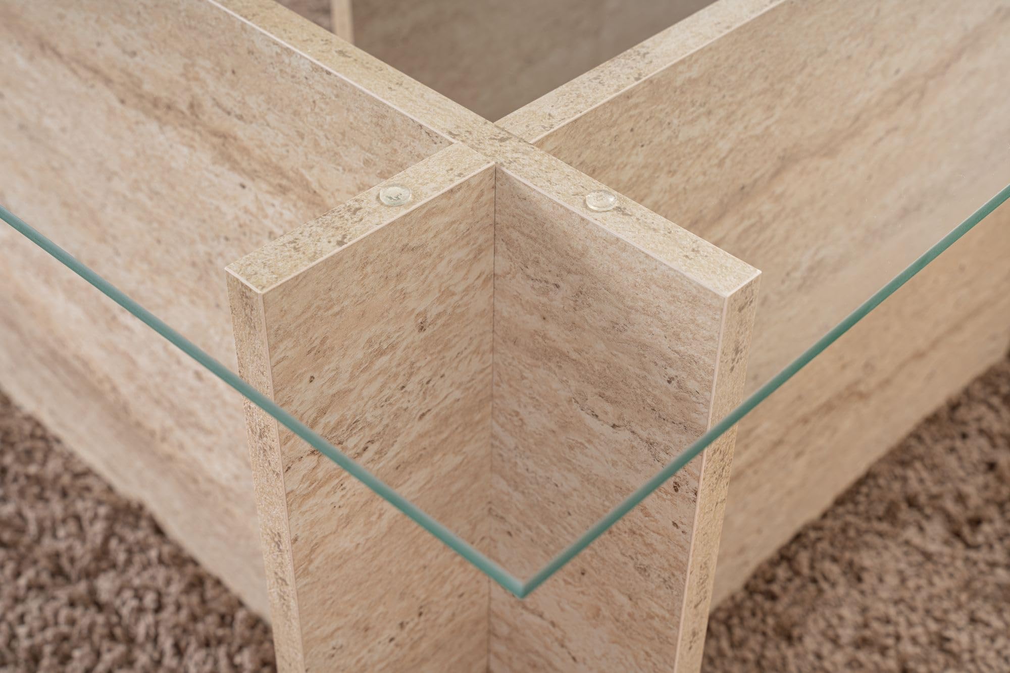 Hanah Home Elegante Mesa de café, Color travertino, 105 x 65 x 40 cm, 100% Vidrio Templado y melamina, Tablero de partículas Recubierto de melamina, 18 mm de Grosor, diseño de mármol Elegante para