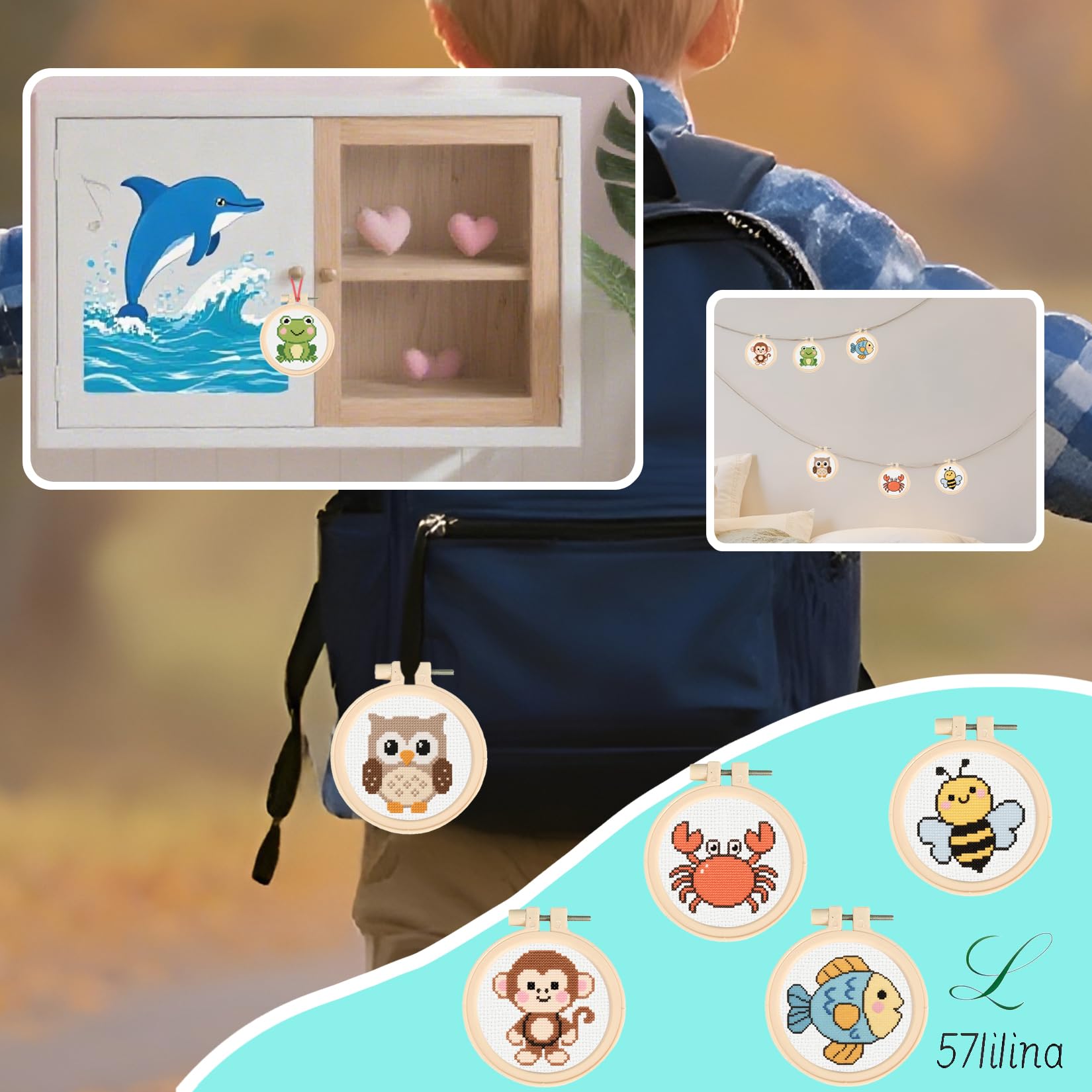 57lilina Einfache Stickset Kinder ab 8 Jahren & Anfänger, 6 Stück | Süß Stickbilder zum Sticken, DIY Klein kreuzstich Set Vorgedruckt für Rucksack-Ornament, Schlüsselanhänger & Geschenke