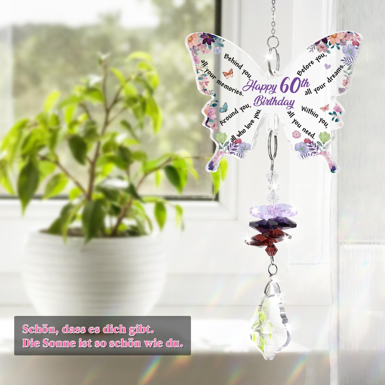 Funnli 60th Birthday Gifts for Women Crystal Suncatcher, 60th Birthday Decorations for Woman, 60 Year Old Bday Gift for Friends Sister Mom Grandma Window Hangings Home Decoration
