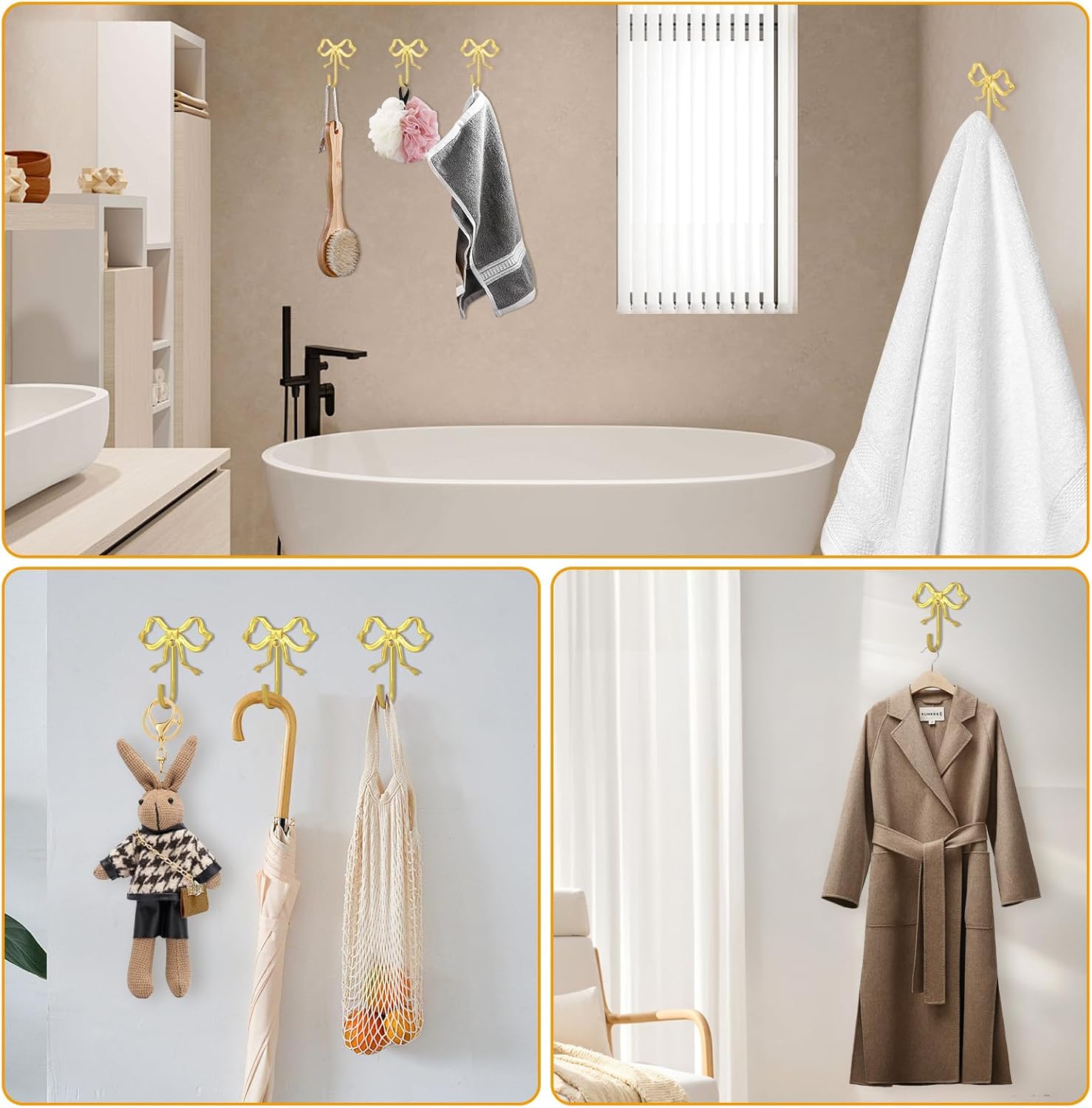 4 PCS Large Size Gold Bow Wall Hook, Gold Coat Hook, Metal Hooks, Bow Room Decor Hooks for Coats, Coffee Mugs, Hats, Bags, Bath Towels and Room Decorations