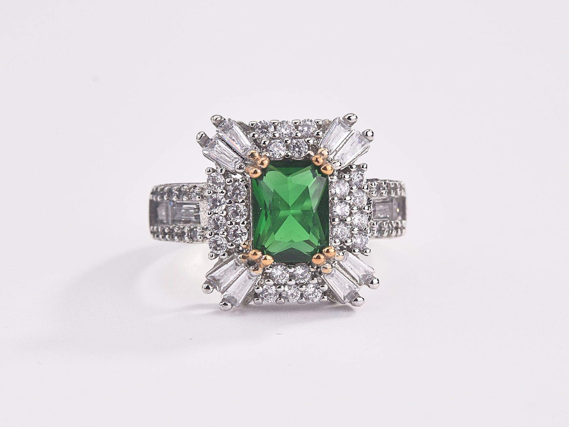 AZQ Vintage 925 Sterling Silver Emerald Ring Cocktail Rings Square Cut Green Gem Cubic Zirconia Anniversary Promise Ring CZ Eternity Engagement Wedding Band Ring for Women TZ.85 (US Code 7)