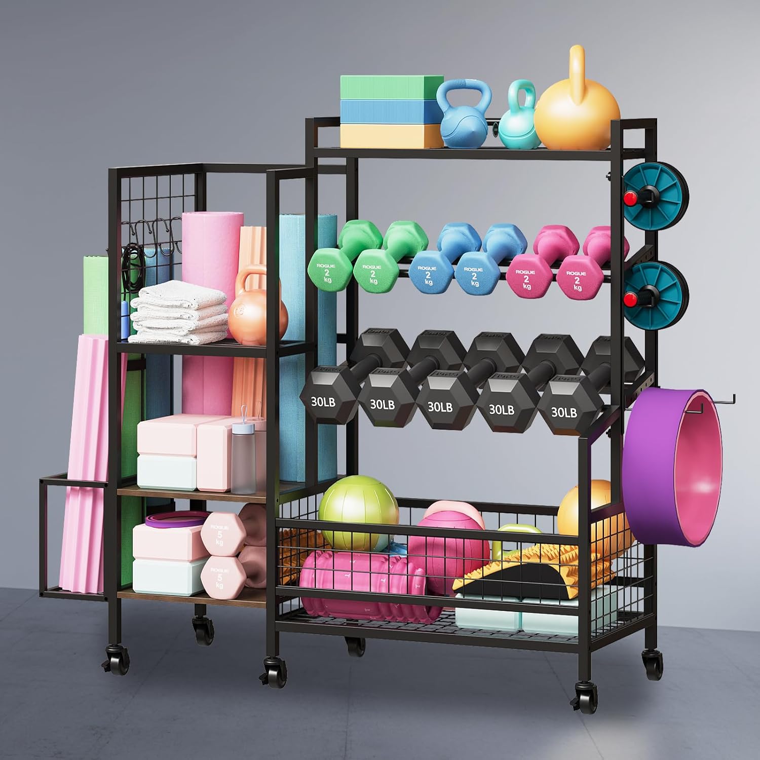 XL Dumbbell Rack Weight Stand – Adjustable Weight Storage Stand with Hooks for Home Gym, Kettlebells, Yoga Mat and Workout Equipment Heavy Duty Weight Rack with Wheels