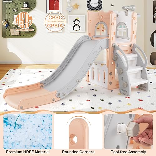 Miniatura 6 de BABY JOY Tobogán para niños pequeños, juego de tobogán 6 en 1 para interiores con aro de baloncesto, telescopio, escalera de escalada y espacio de