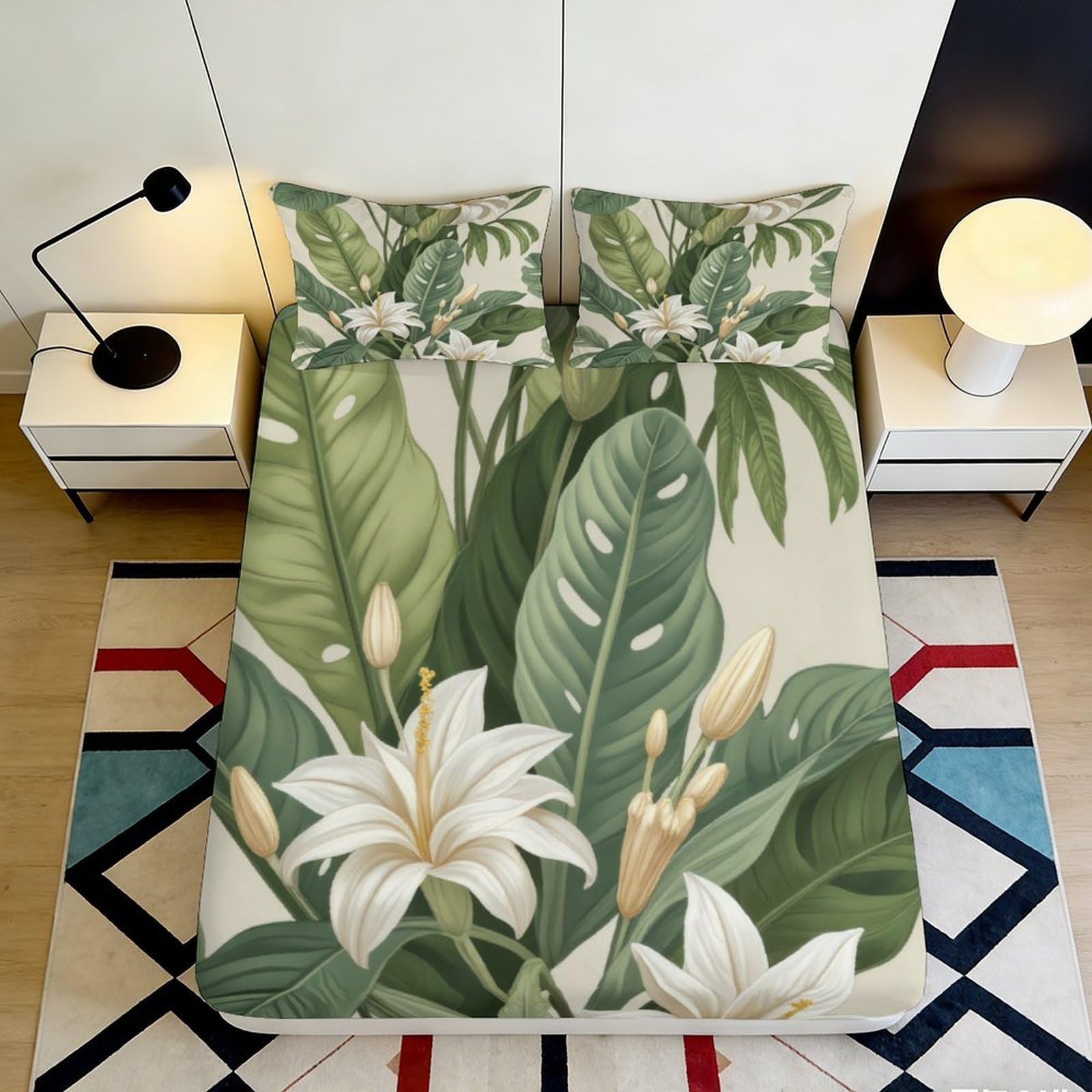 3D Printed Tropical Leaf Fitted Sheet Microfiber Soft Botanical Flower Bed Cover for Bedroom Guest Room Decor 90x200x25cm