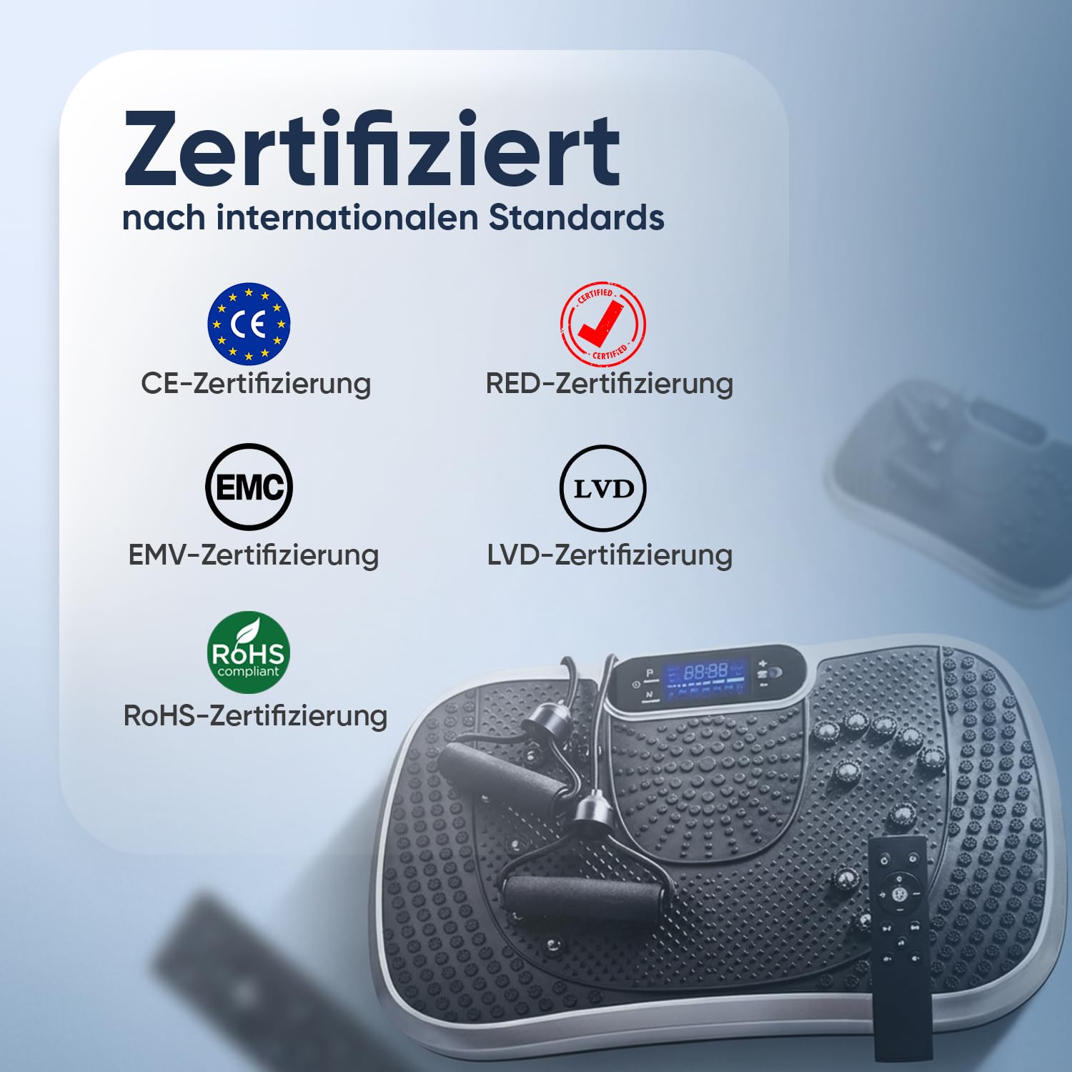 Vibrationsplatte - Fitnessgeräte für Zuhause - 99 Intensitätsstufen - 5 Trainingsprogramme - Massagegerät & Sportgerät mit Bluetooth für Home Workout - Mit Widerstandsbändern - WeightWorld