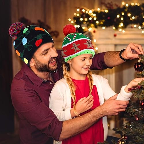 Miniatura 5 de Paquete de 2 gorros de punto con luces LED navideñas que se iluminan, coloridos intermitentes, suministros para fiestas navideñas (talla única para