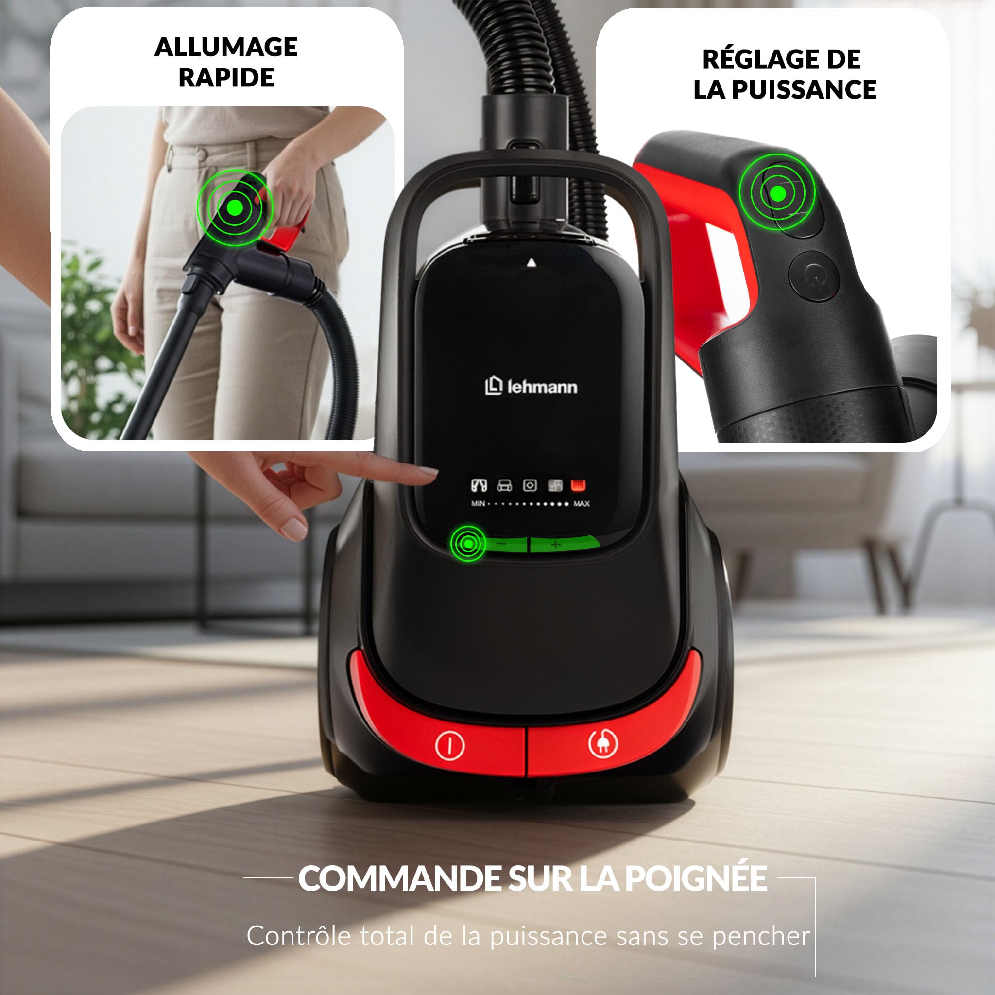 Lehmann Aspirateur sans Sac Cyclonique avec Commande à Poignée, Double Filtration avec Filtre HEPA, Compact, Réservoir 1,5 L, Aspirateur Traîneau Puissant avec 4 Modes Multi-Surfaces