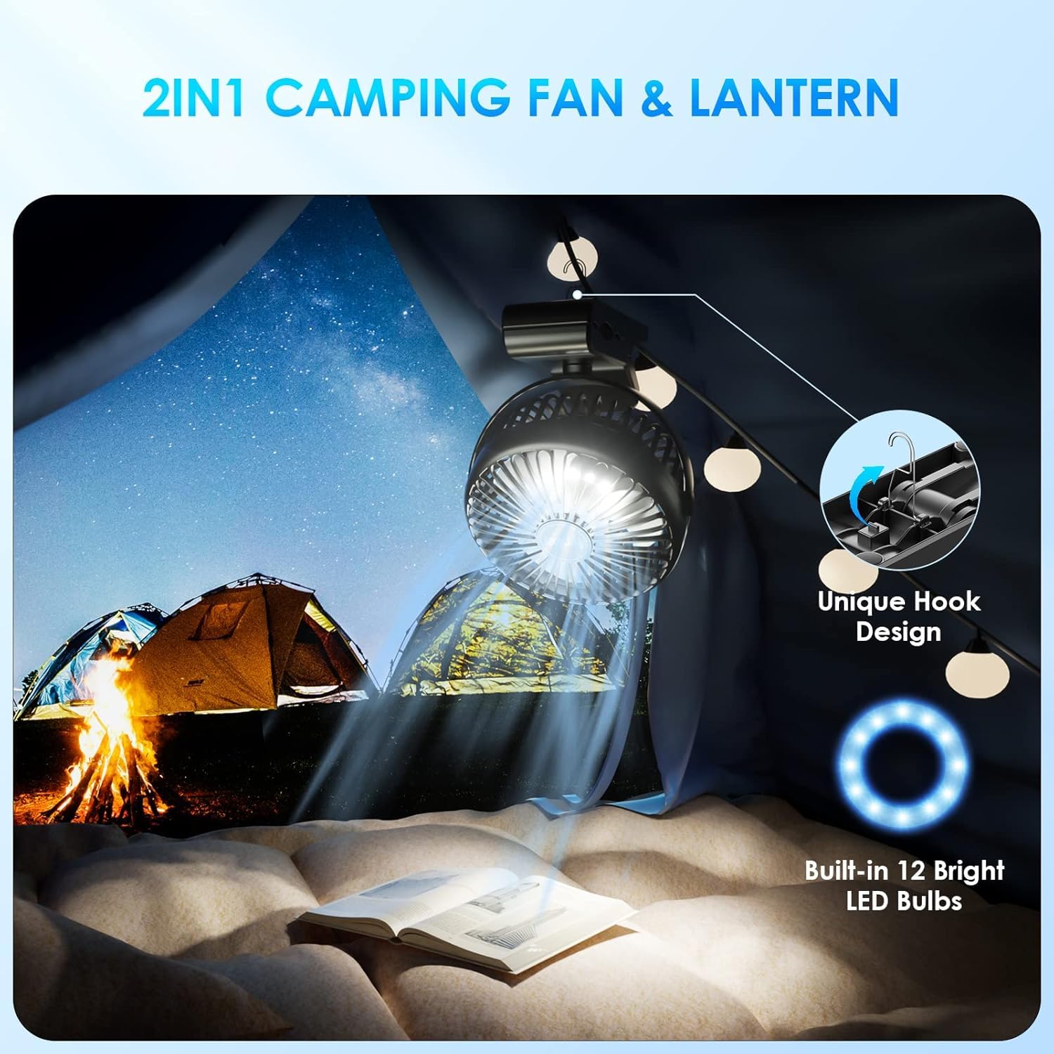 Mini Ventilatore USB Portatile con Clip 10000 mAh, 3 in 1 Ventilatore Versatile con Luce a LED, 12-40 ore, Ricaricabile Ventilatore da Tavolo Silenzioso, Rotazione di 360°, per Ufficio, Auto, Viaggio