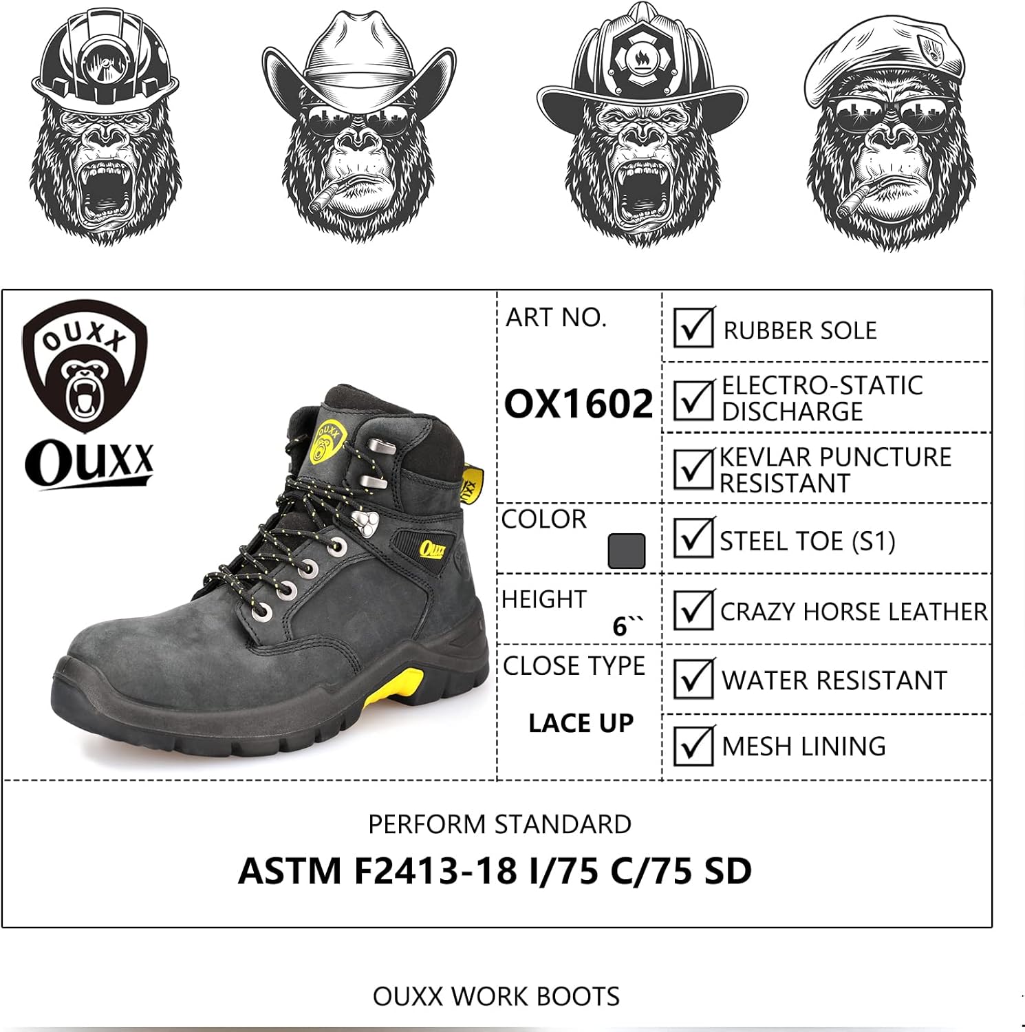 OUXX Work Boots for Men, Steel Toe & Non-Slip Rubber Safety Shoes, PORON XRD, ASTM F2413-18 I/75 C/75 SD(OX1601) 9 Ox1602, Black image 4 of 6 B0BBDYWK8L