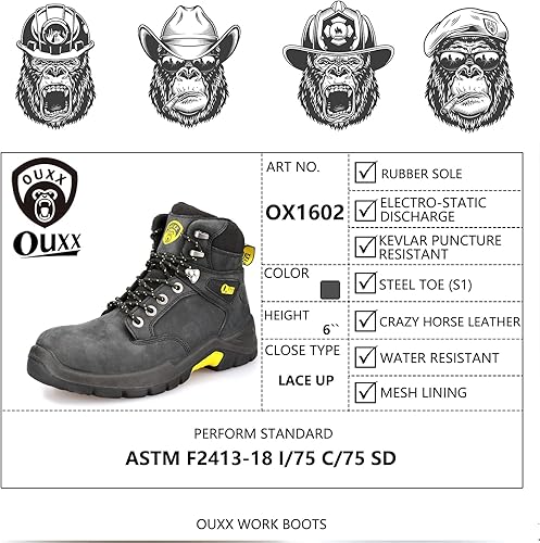 Miniatura 4 de OUXX Work Boots for Men, Steel Toe Non-Slip Rubber Leather Safety Shoes, PORON XRD, Lace Up, ASTM F2413-18 I75 C75 SD (OX1601)
