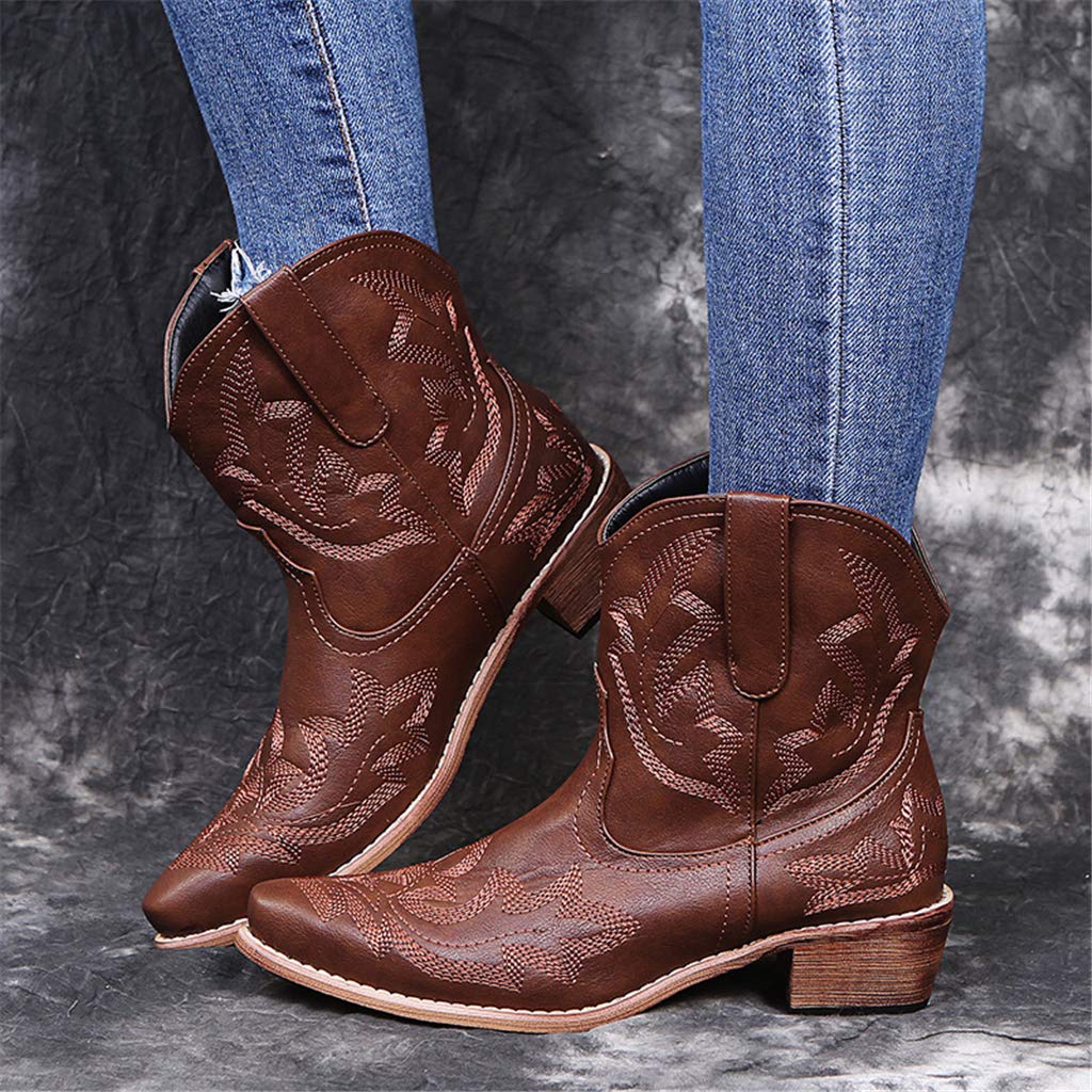 UMore Botines para Mujer Chelsea Botas Cuero Bajo Bloque Tacón Invierno Antideslizante Botas Retro Bohemio Empalme PatrónEstilo Cremallera