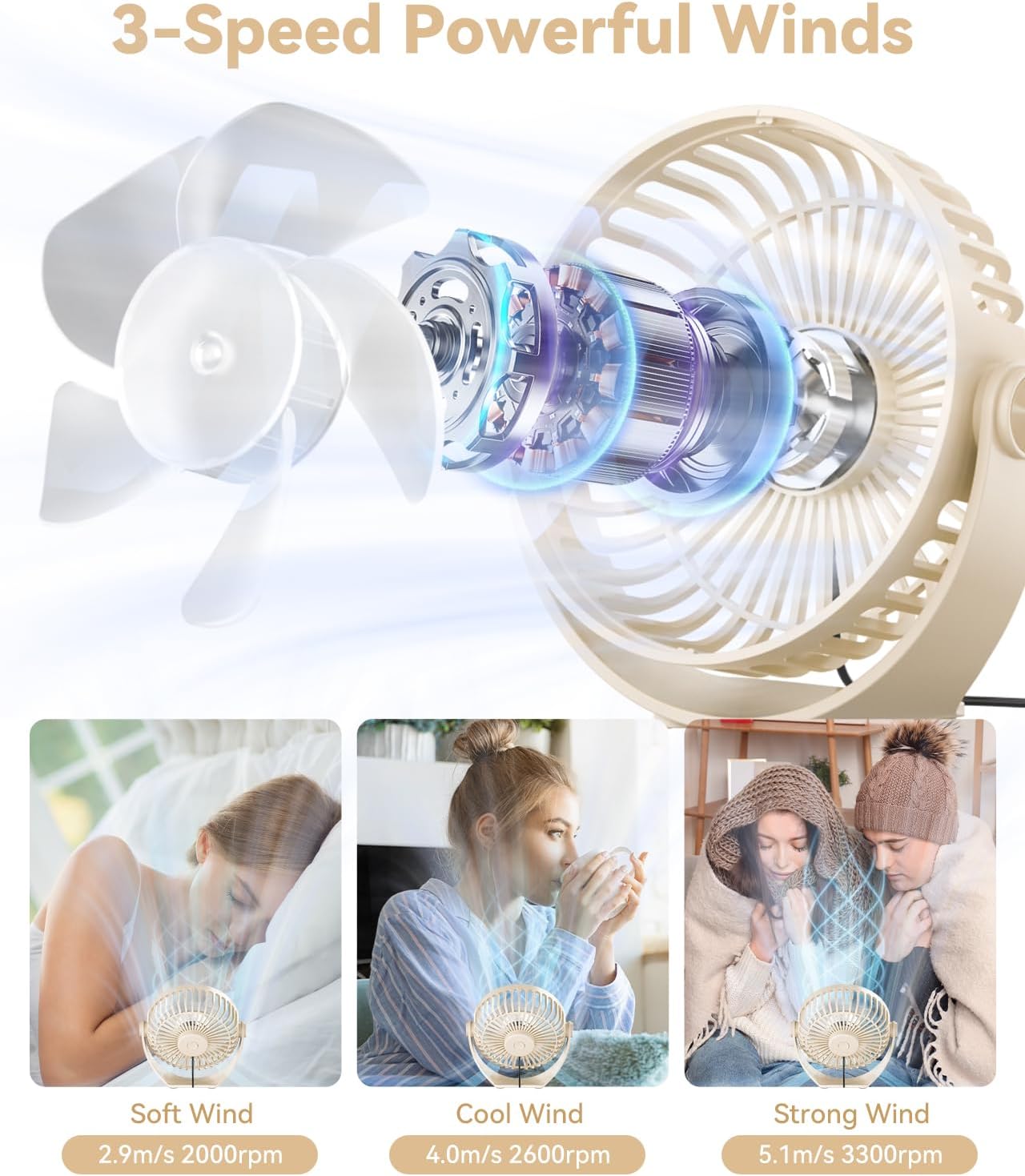 Edvision USB Desk Fan, 5 Inch Mini Portable, 3 Speeds Strong Airflow Personal Desktop, Detachable Cooling Fan 360° Rotation Quiet Small Fan for Desk Home Office Travel Car, Beige, 5ft Cable image 2