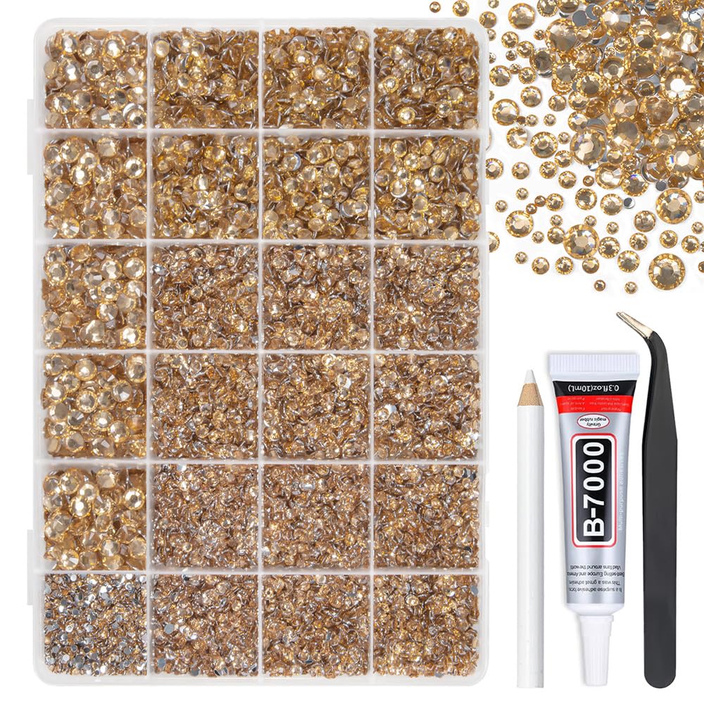 qiipii Champagne Crystal Resin Rhinestones w B7000 Jewelry Glue for Bedazzling Crafting 2mm-6mm Golden Flatback Stones Diamonds Crystals Gems Charms