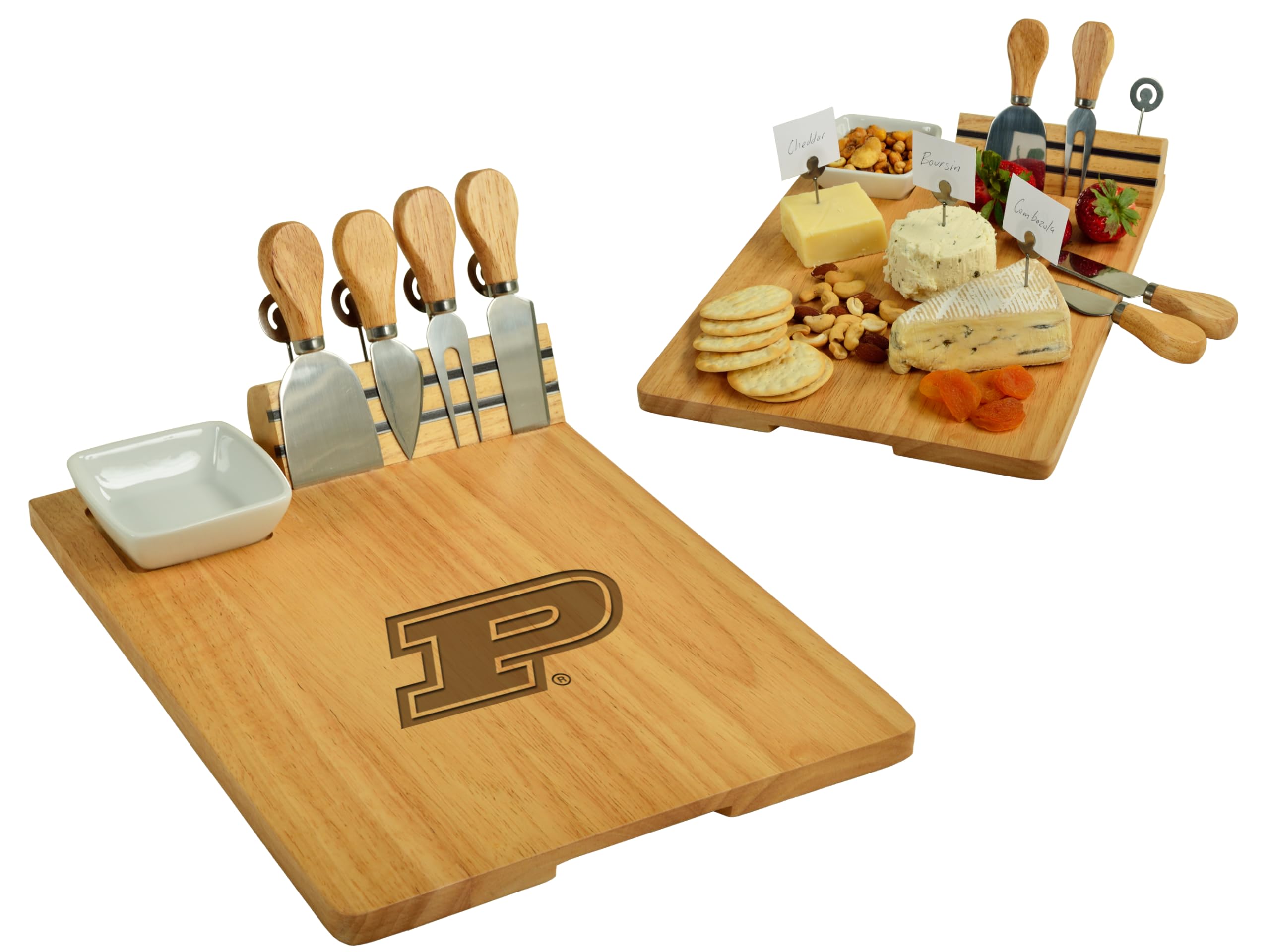 Picnic at Ascot NCAA Officially Licensed Purdue Bamboo Cheese/Charcuterie Board with Ceramic Bowl, Knife Set & cheese Markers