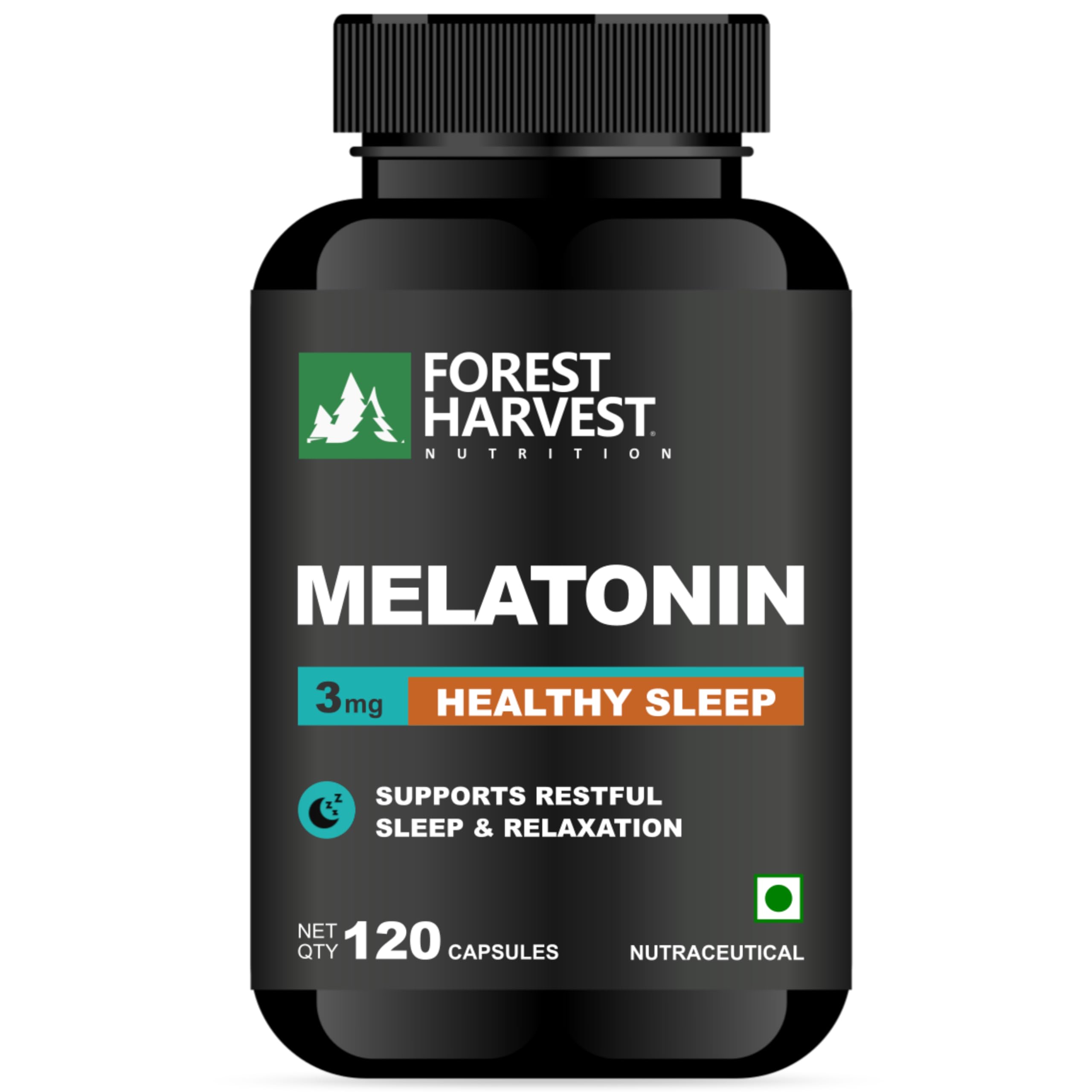 Forest Harvest Nutrition Melatonin 3 mg | 120 Capsules | Supports Sleep, Relaxation & Healthy Sleep Cycle | WHO-GMP, ISO, HACCP & FSSAI Certified