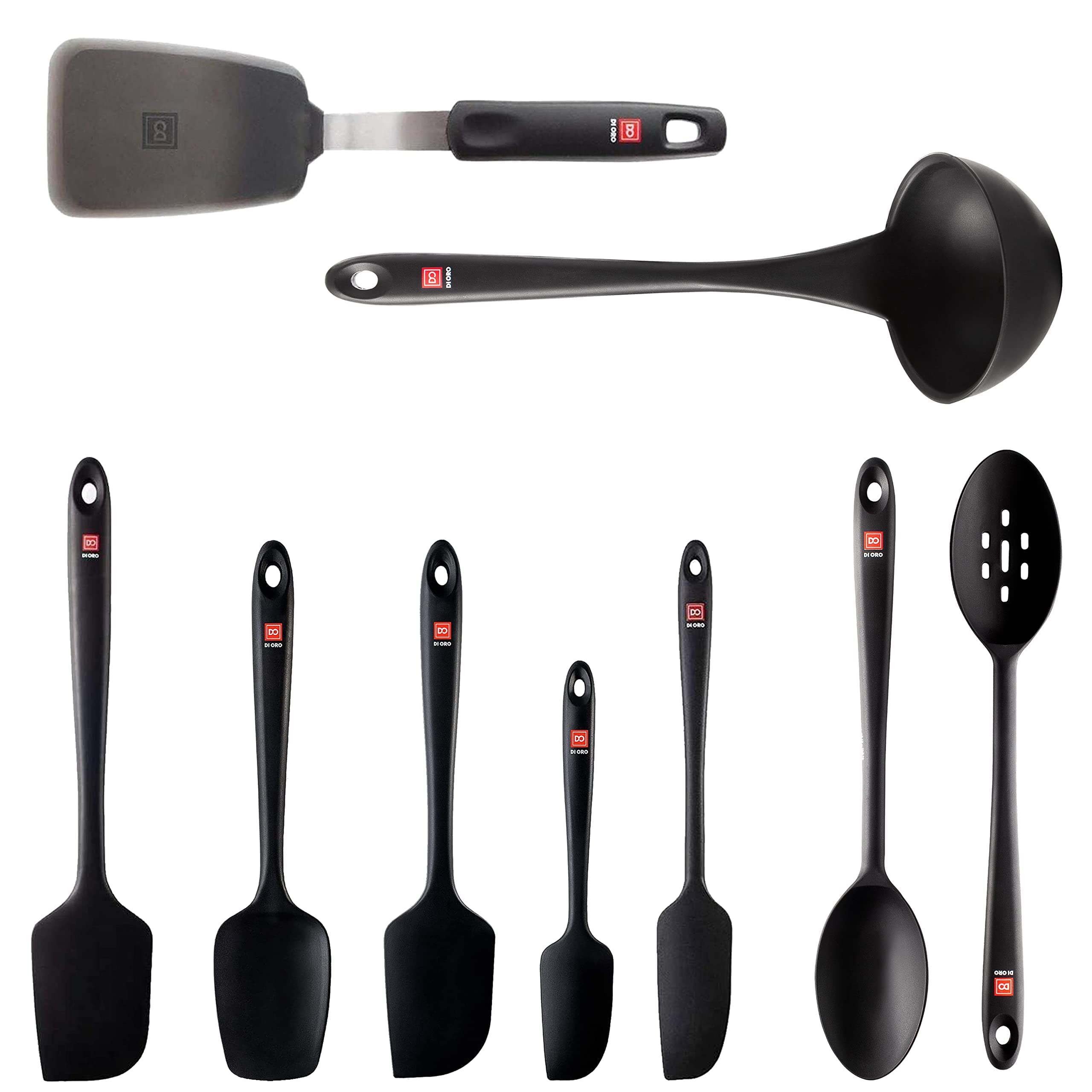 DI ORO 9-Piece Silicone Turner & Seamless Spoon, Ladle, & Spatula Set - 600°F Heat-Resistant Kitchen Utensils - Dishwasher Safe & Flexible - Heavy-Duty Steel Core - Cooking & Baking Gadgets (Black)
