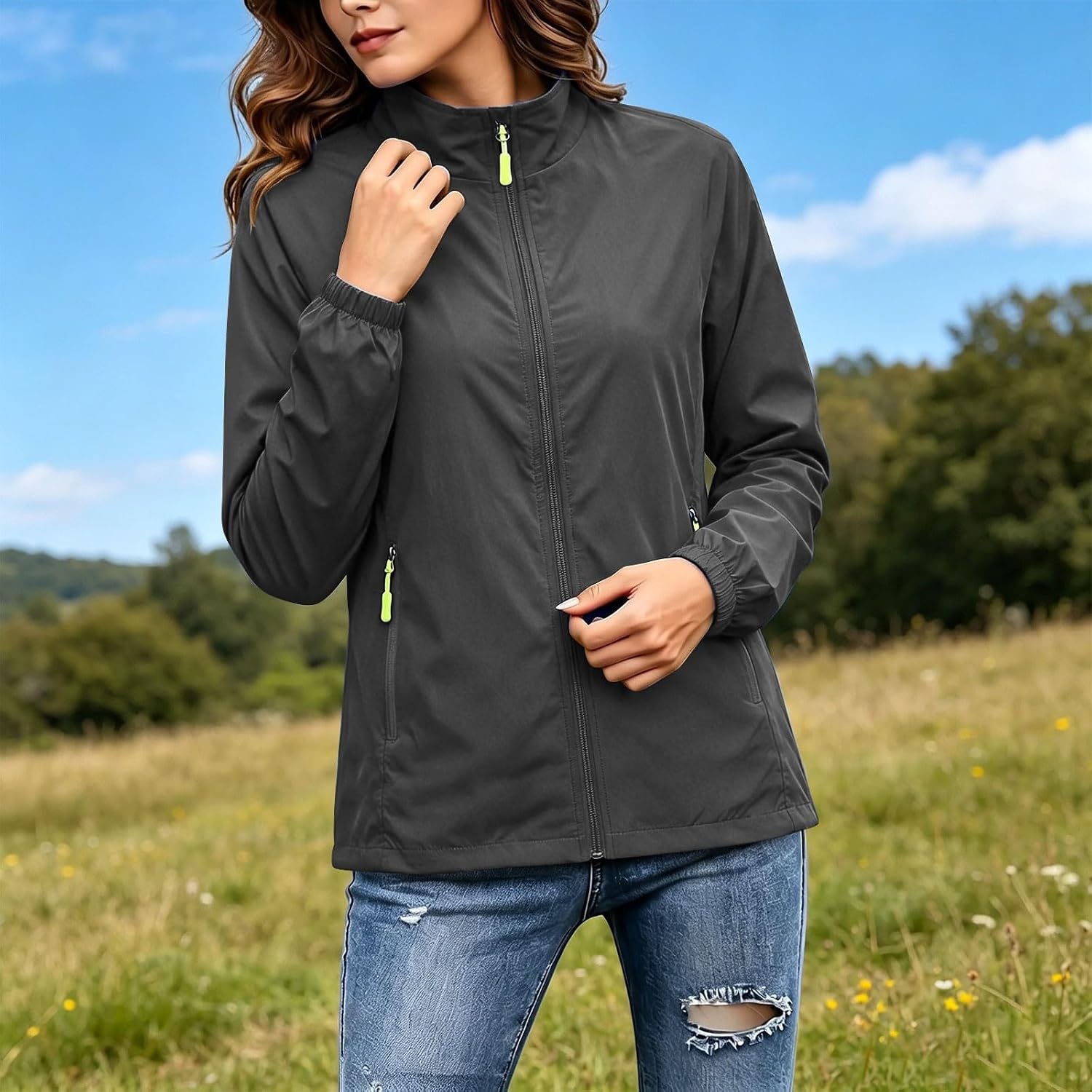 Womens Stand Collar Rain Jacket Zip Up Waterproof Windbreaker | Solid Color Lightweight Raincoat Outerwear Coat With Zip Pockets