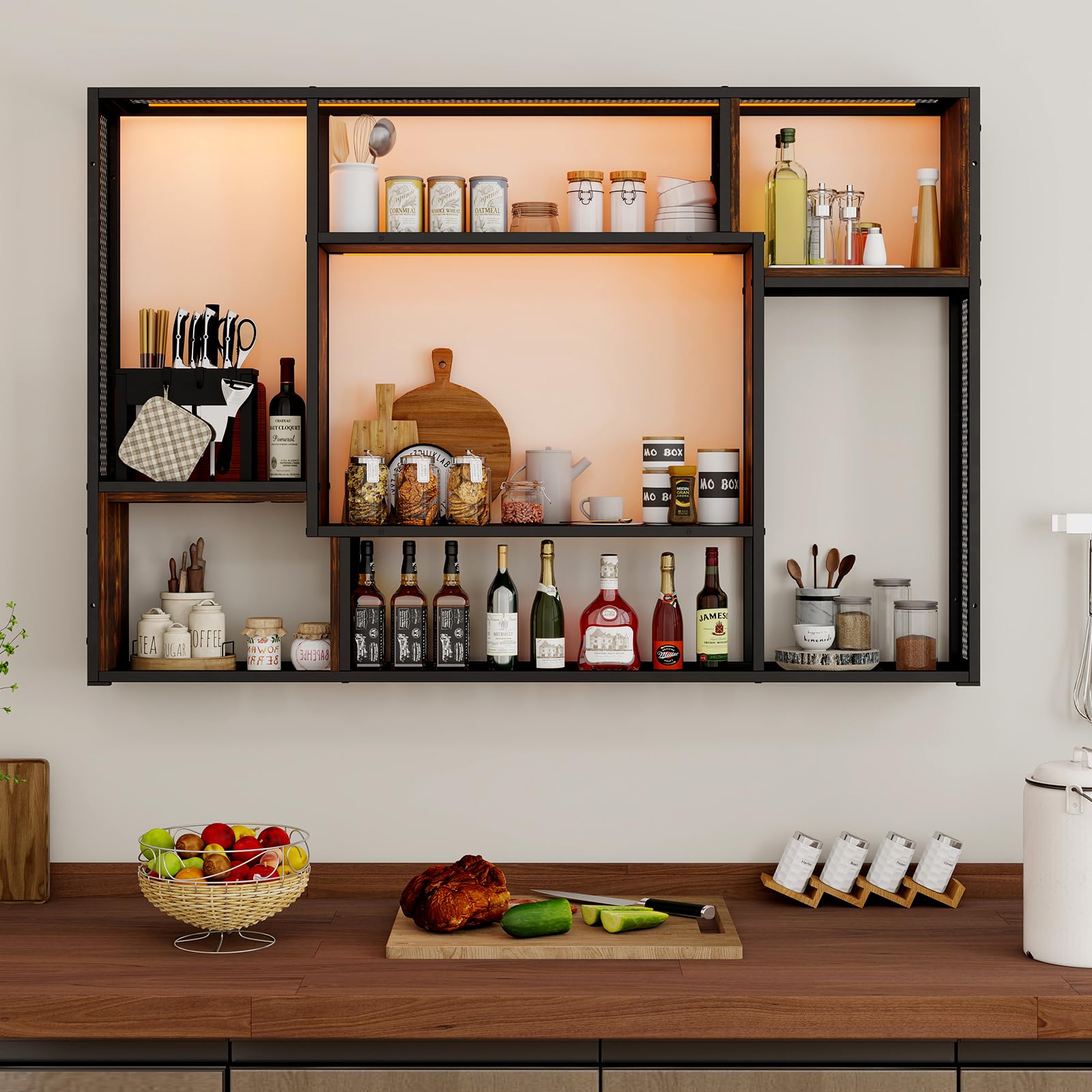YOURLITE Weinregal Wand, mit LED-Beleuchtung Metall, Bar Regal mit LED-Licht, Wandmontage Wine Display-Ständer, 3 Ebenen Weinregal Metall, für Bars, Wohnzimmer, Küche, Restaurant, Schwarz
