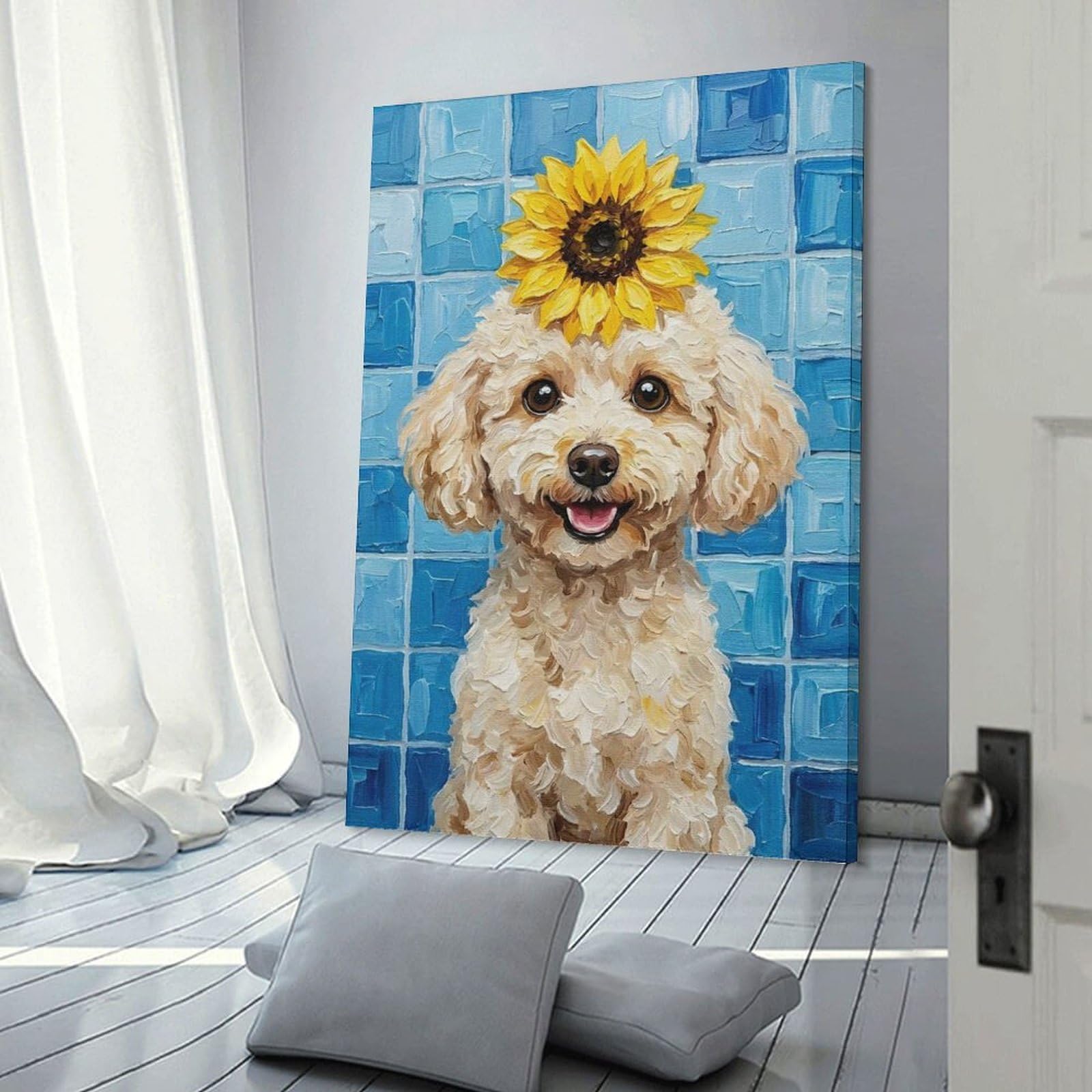Junmoney Poodle with Sunflower Hat Canvas Wall Art, 24x36inch(60x90cm), for Workspace Walls, Study Corners Or Bedrooms, An Interior Accent for Desk Areas