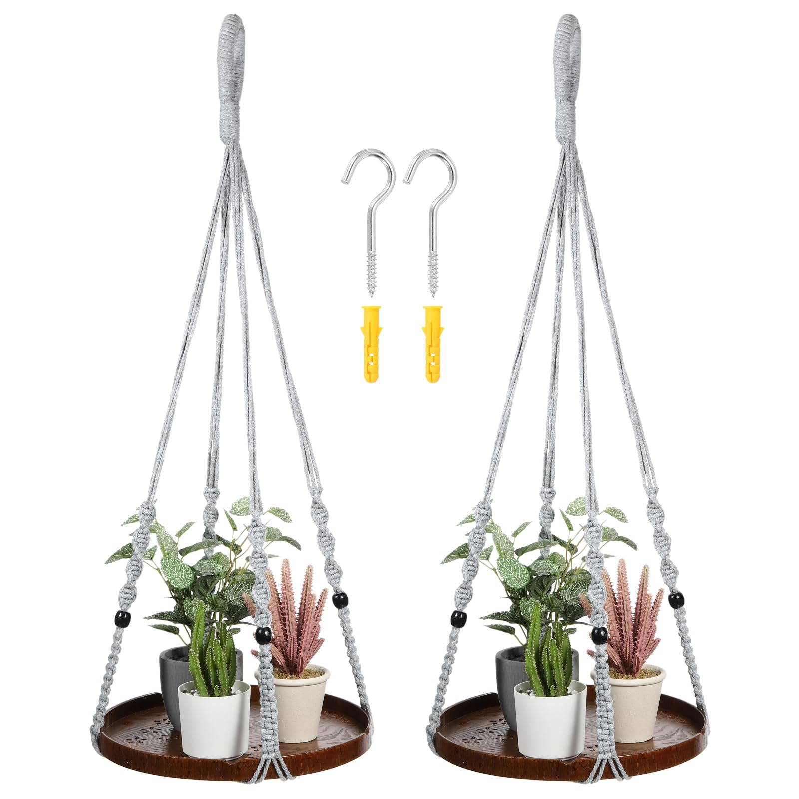 PATIKIL Macrame Plant Hangers Indoors, 2 Pack Hanging Plant Shelf with Sturdy Wood Base for Home Decor Hanging Wall Ceiling Window Grey