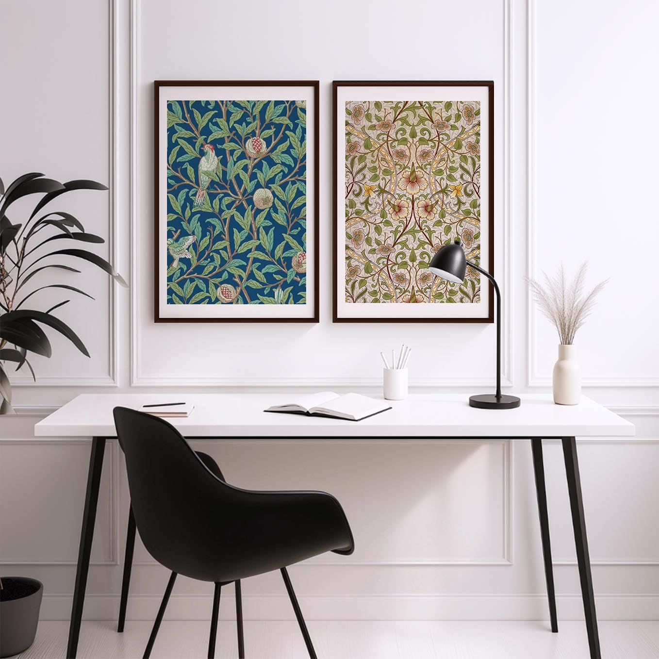 SoulAbiti Parrots & Pomegranates Tropical Pattern Framed Wall Art Print Set of 2 12x18 inch Dark Brown Frame Plexi-Glass Intricate Patterns Art Prints Home Living Room Bedroom Office Décor 1