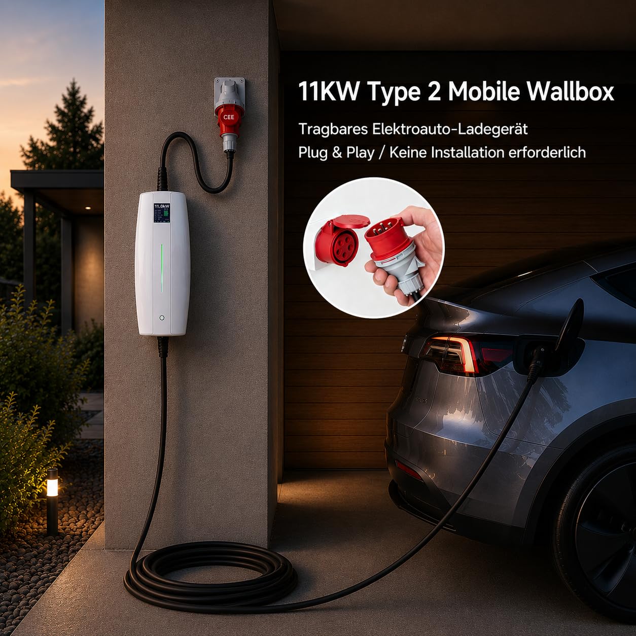 Mobile Wallbox 11kW [3-phasig|7m|8A/10A/16A] mit Einstellbarer Ladeleistung, Ladekabel CEE 16A auf Typ 2 Ladestation für Model Y/3, ID.3/4/5, MG4, i4, e-tron und BEV/PHEV