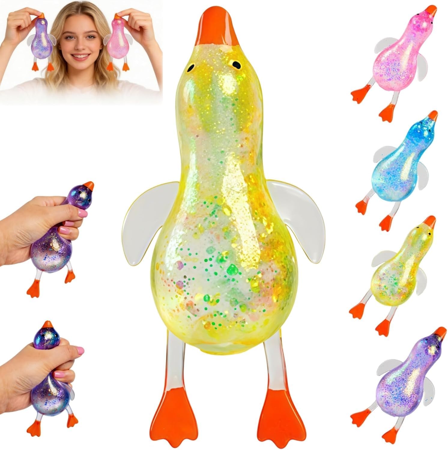 Cute Duck Squishy Toys, Slow Rising Maltose Squeeze Toys with Glitter, Kawaii Animal Stress Relief Fidget Toys for Adults, Soft Sensory Desk Toys for Anxiety & ADHD, Party Favors(Yellow)