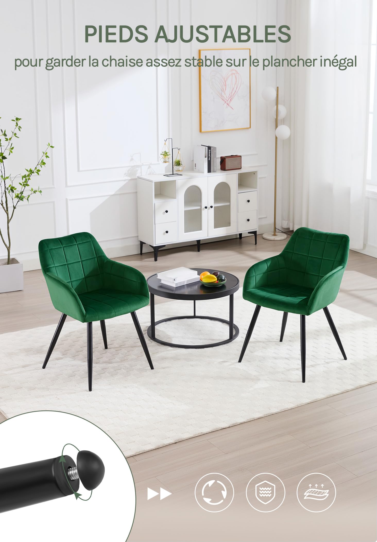 WOLTU Lot de 6 Chaise de Salle à Manger, Chaise de Cuisine rembourrée en Velours, Pied en métal,Vert Foncé.
