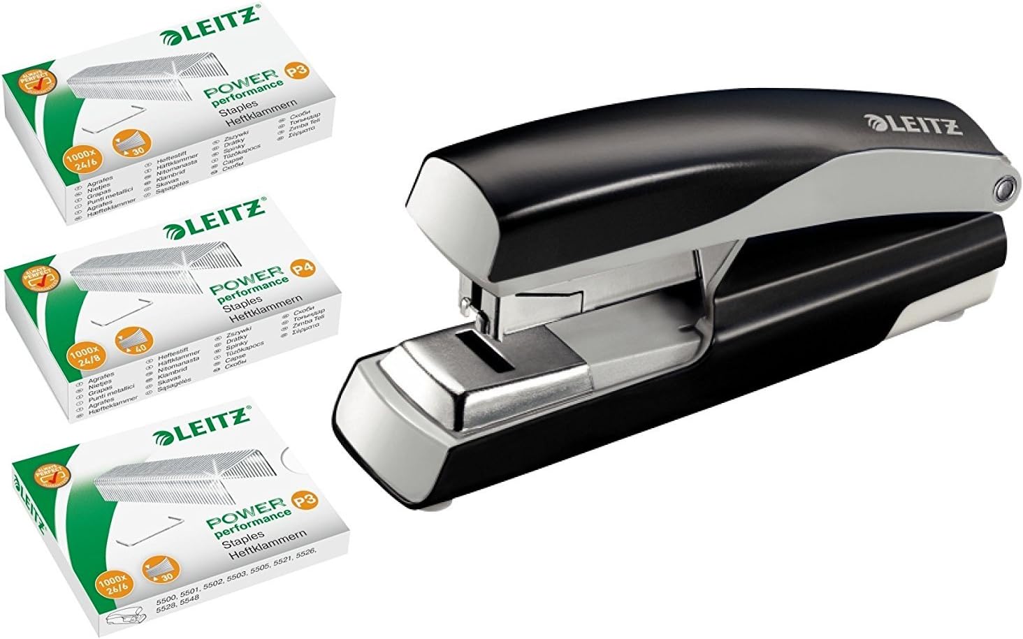 Leitz Flat Stapler [Black] (40 Sheets, Ergonomic Metal Casing, Includes Staples Each 1000 Pieces 24/6 24/8 26/6, Nexxt) Basic Equipment