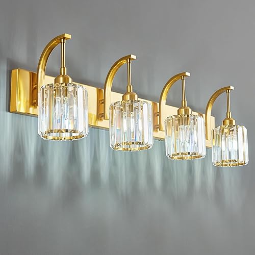 Miniatura 21 de Luces de tocador de cristal cromadas de 4 luces, modernas lámparas de baño de cristal sobre espejo de 32.67 pulgadas de largo para baño Cromo