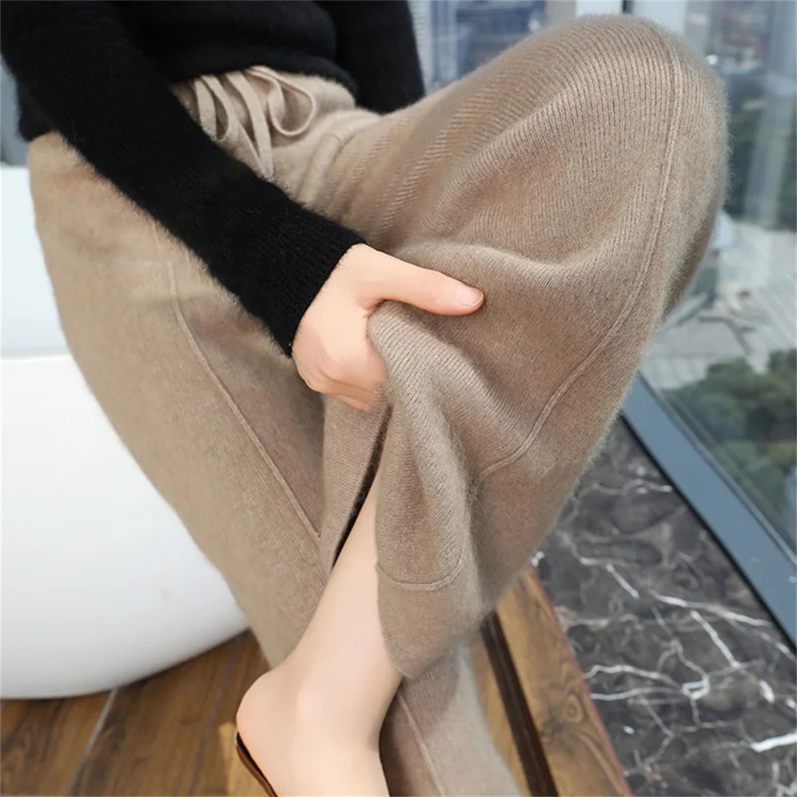 Kelsiop Pantaloni da donna a gamba larga con lacci elasticizzati in vita pantaloni in cashmere pantaloni invernali piatti senza deformazioni