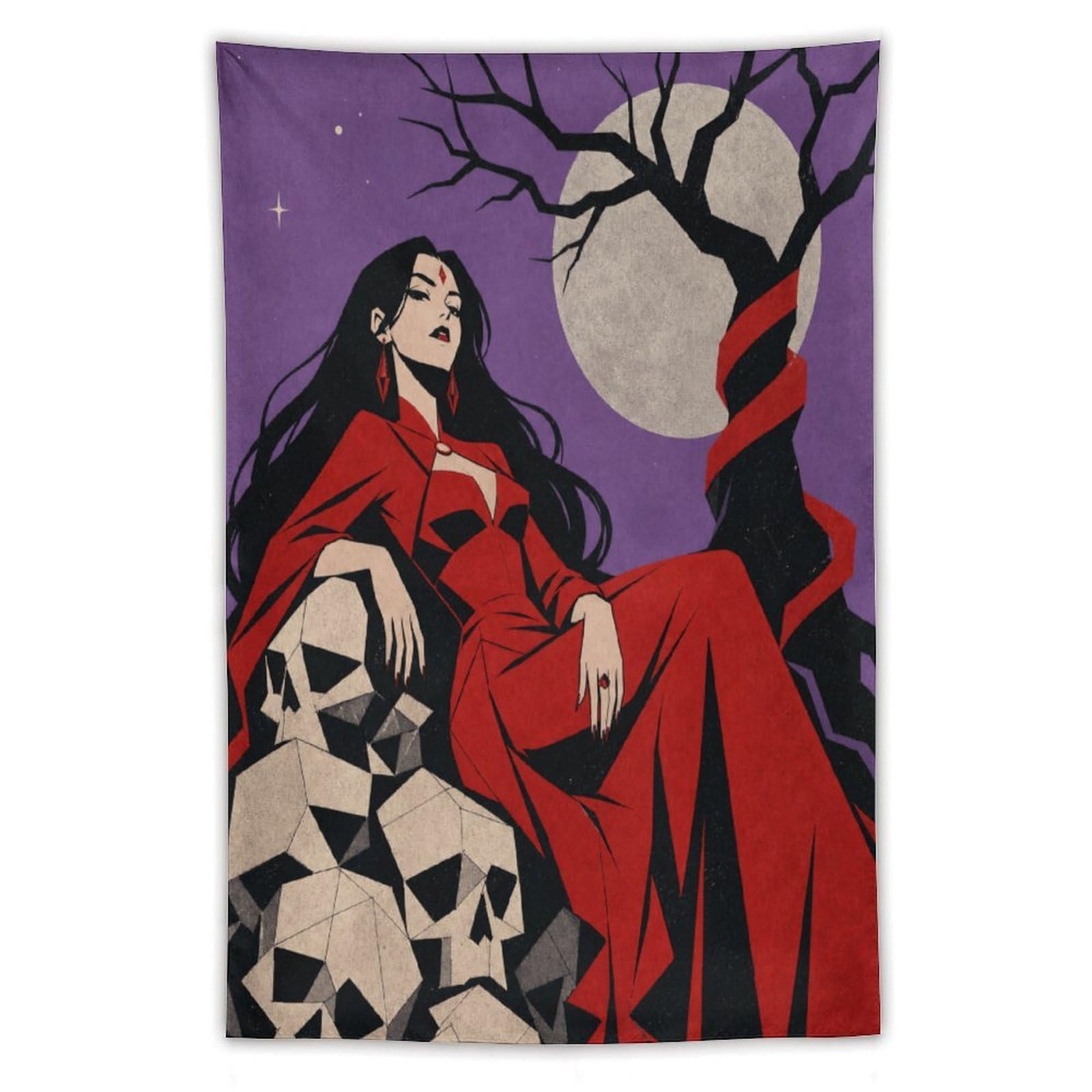 H3B8U2Y5 Woman under Purple Moon Wall Tapestry, Moonlit Stage