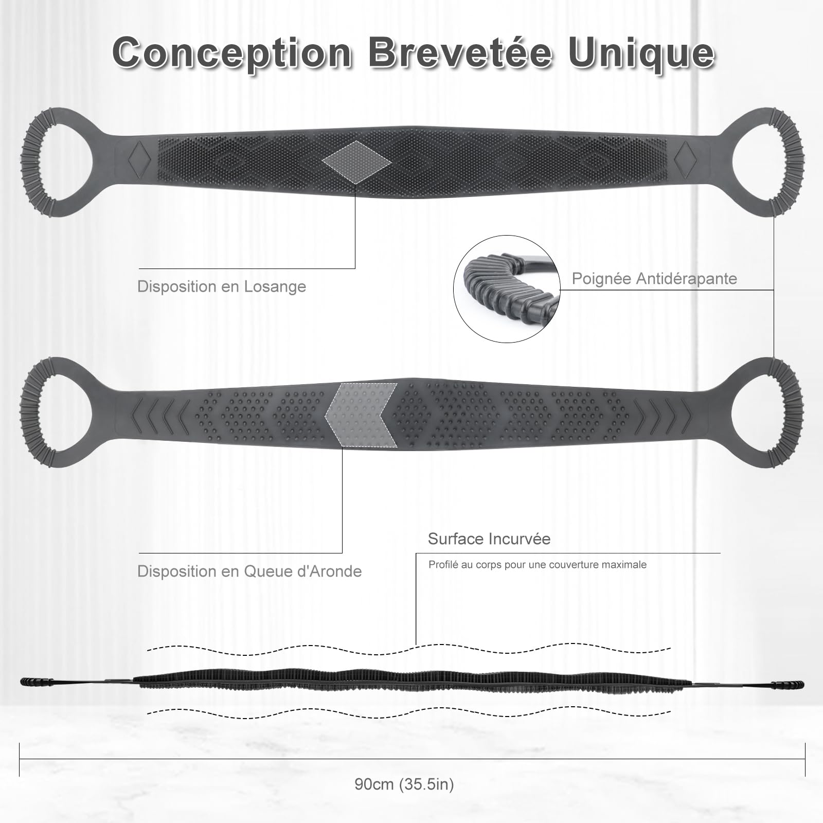 FREATECH Brosse Dos à 2 Côtés pour Nettoyage en Profondeur et Massage, 90 cm Bain Douche Corps Brosse Rondelle, Couvrez Facilement Tout le Dos, Hygiénique et Durable, Noir