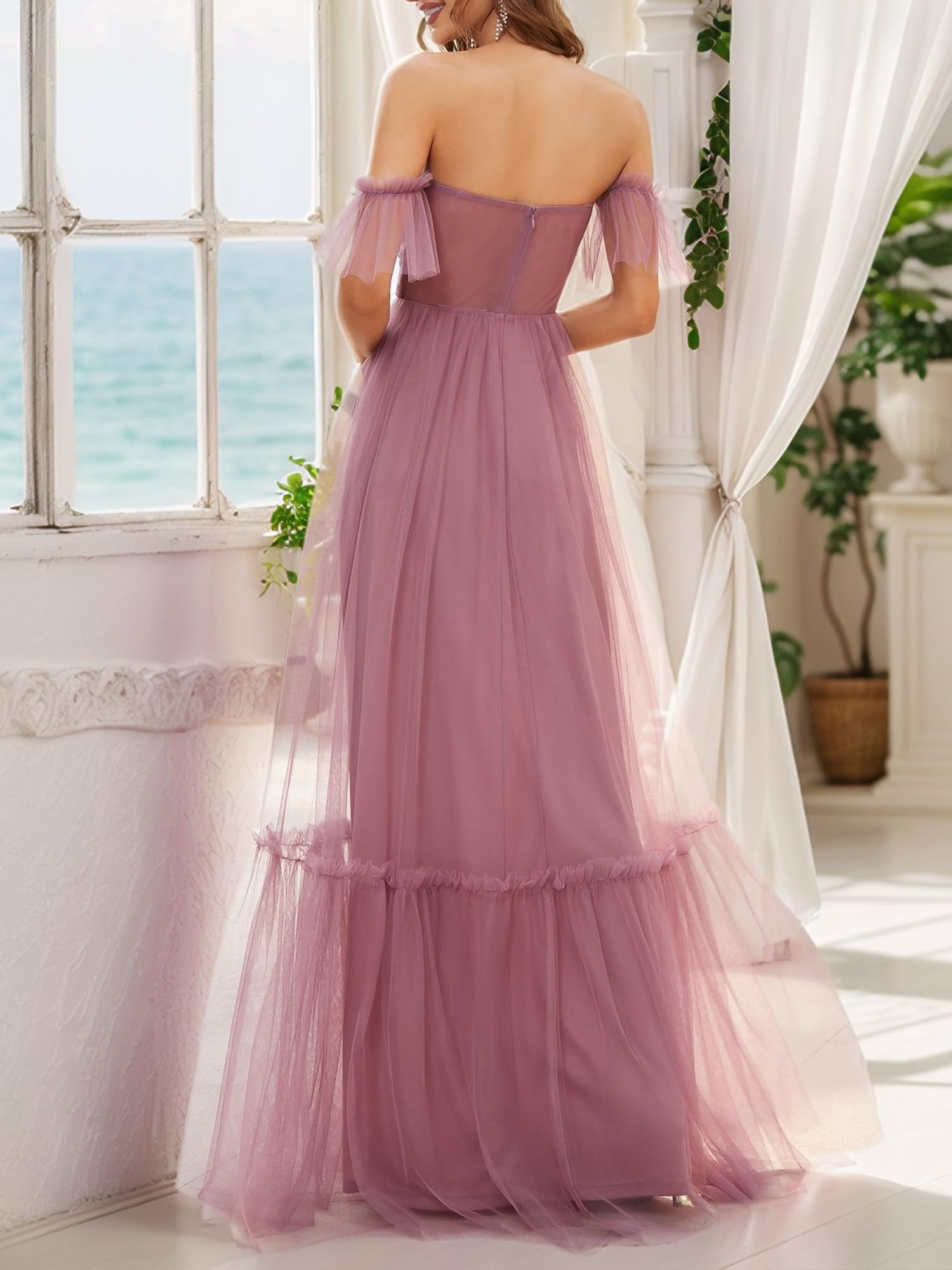 Ever-Pretty Abito da Damigella dalla Spalla Stile Impero Linea ad A Tulle Lunghezza del Piano da Donna EE50126