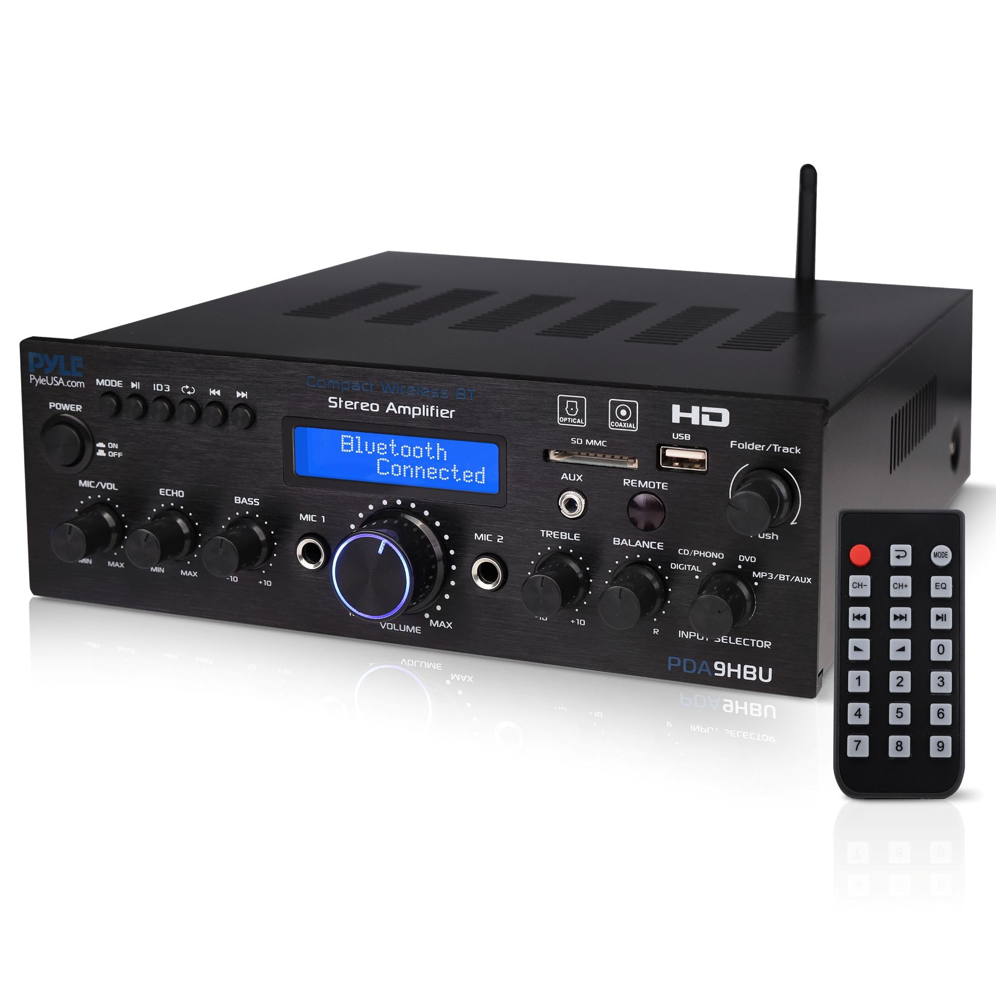 Pyle Amplificateur Bluetooth Stéréo sans Fil pour la Maison - Amplificateur Multi-Canaux 200W avec Récepteur Audio, HDMI, Optique/Phono/Coaxial, Radio FM, USB/SD, AUX,RCA, Entrée Micro- Télécommande