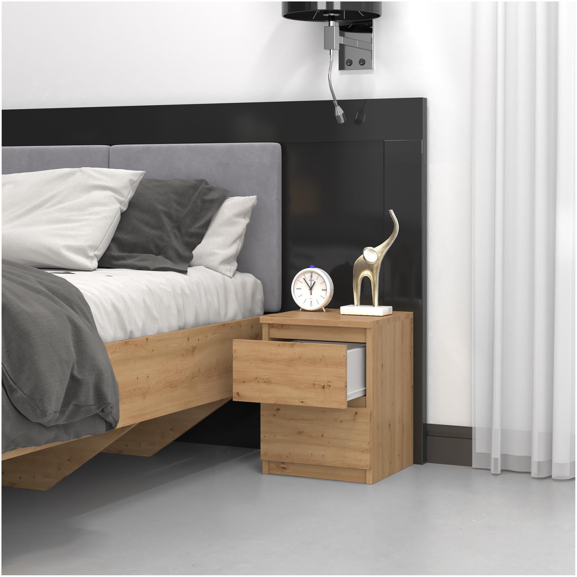 CDF Mesita Mesa Mesilla de Noche con 2 cajones Auxiliar Junto Cama Mueble de Dormitorio Salón Oficina Estilo Moderno Gabinete Organización Espacio Tamaño Compacto - M2 30cm Roble Artisan