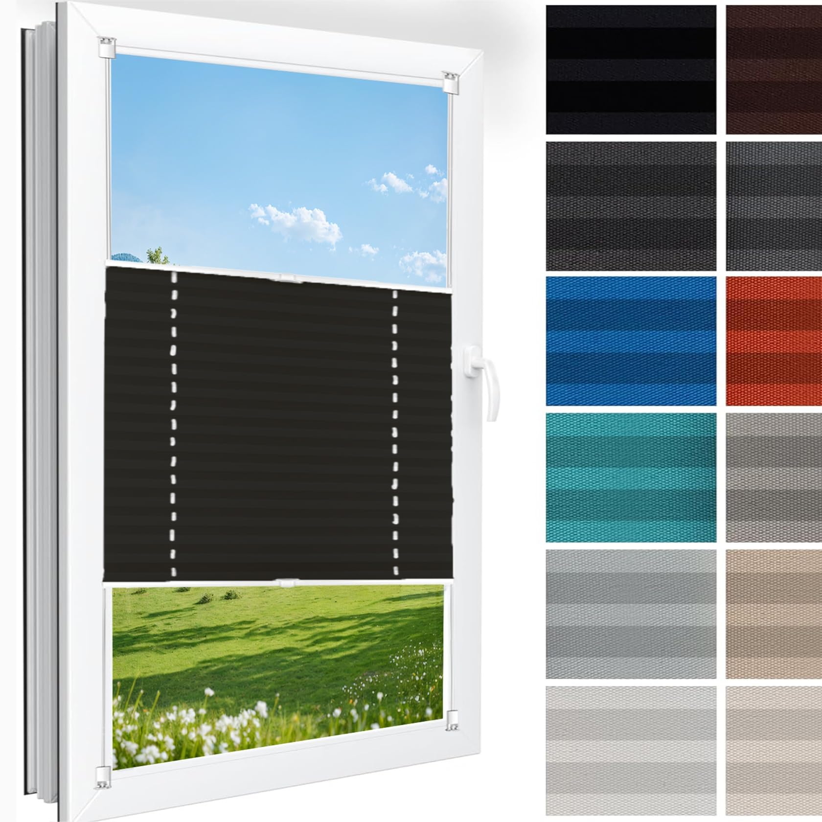 Temporary Pleated Blinds for Windows 55 x 125 cm (W x H), No Drilling, Translucent, Crushed Look, Blind Blackout Cordless Honeycomb Shade, Pleated Window Shades, for Window Door, Black