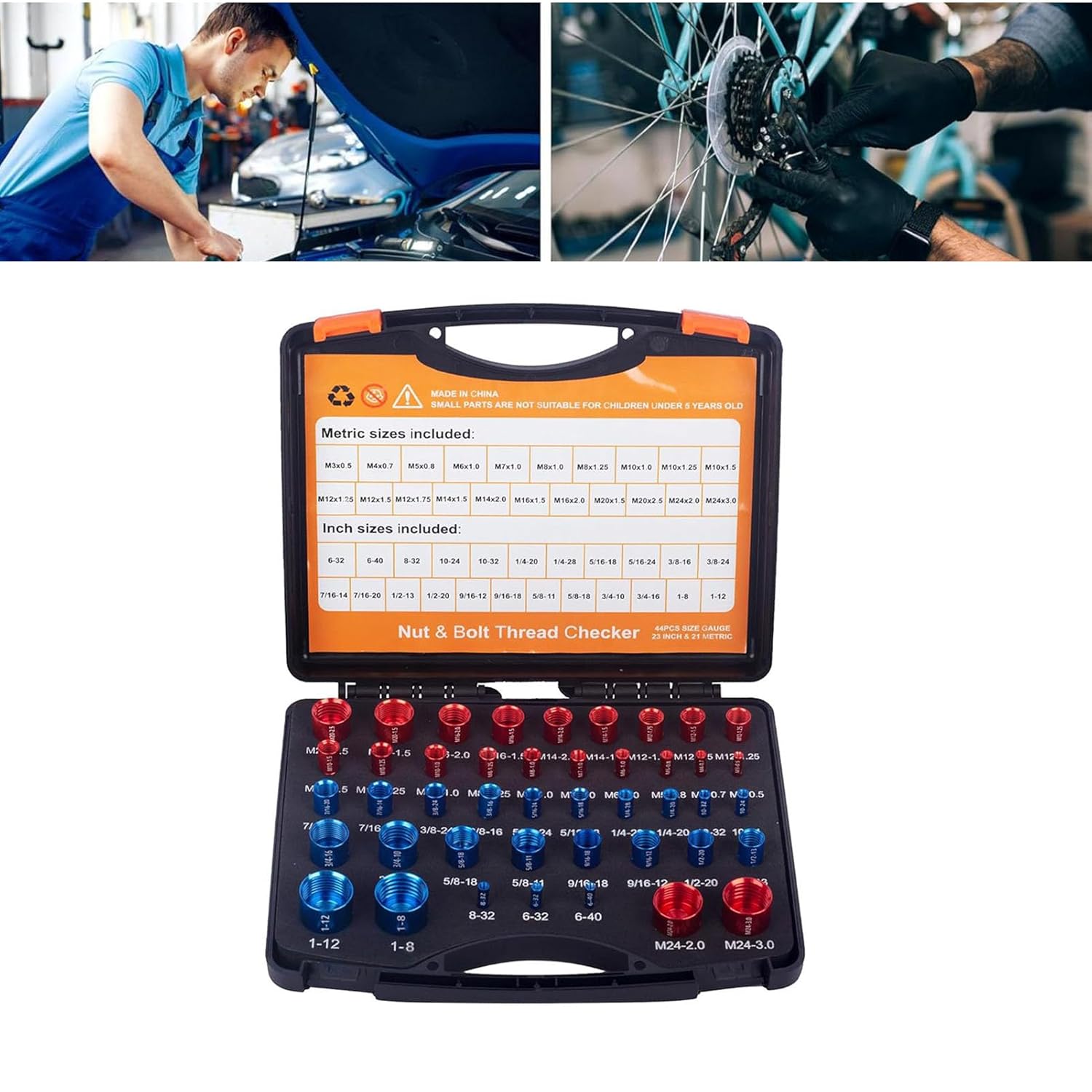44pcs Nut and Bolt Thread Checker Nut and Bolt, Solid Carbon Steel Bolt and Nut Identifier Tool Box for Maintenance Repair, 44 Bolt Size Checker for Detecting Fix Bolt