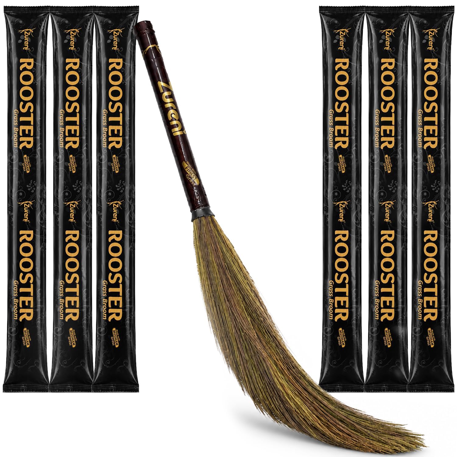 Zureni ZN-BR-01 Rooster Floor Broom with Natural Soft No Dust Grass Long Stick Jhadu for Home Pantry Office Cleaning (Pack of 6)-image-30