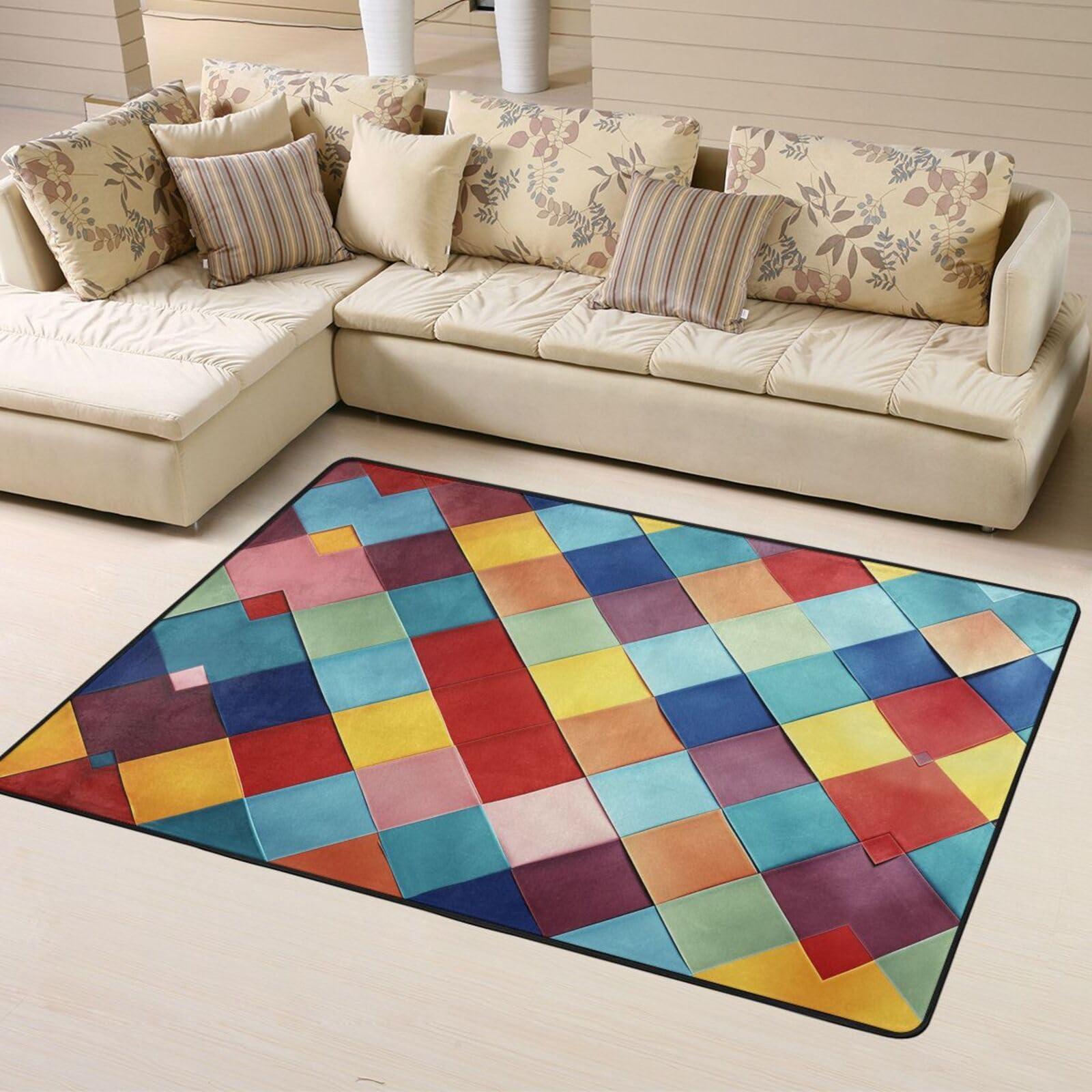 Tapete antideslizante de franela a cuadros coloridos de 63 x 48 pulgadas, tapetes para puerta delantera y trasera para interiores y exteriores