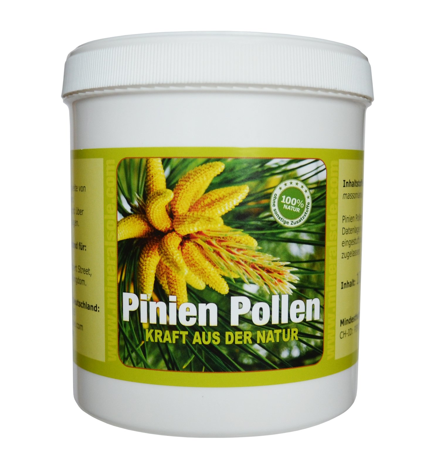 Pinien Pollen 100g in Einer Plastikdose Wildsammlung zellwandgebrochen in deutschem Labor auf Schadstoffe geprüft.