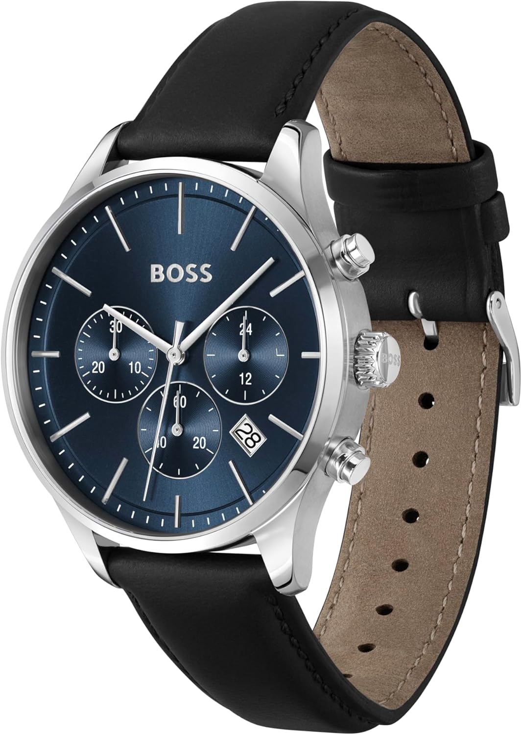 BOSS Avery Men's 42mm Chronograph Stainless Steel Case and Leather Watch, Water Resistant up to 5ATM/50 Meters, Business Elegance