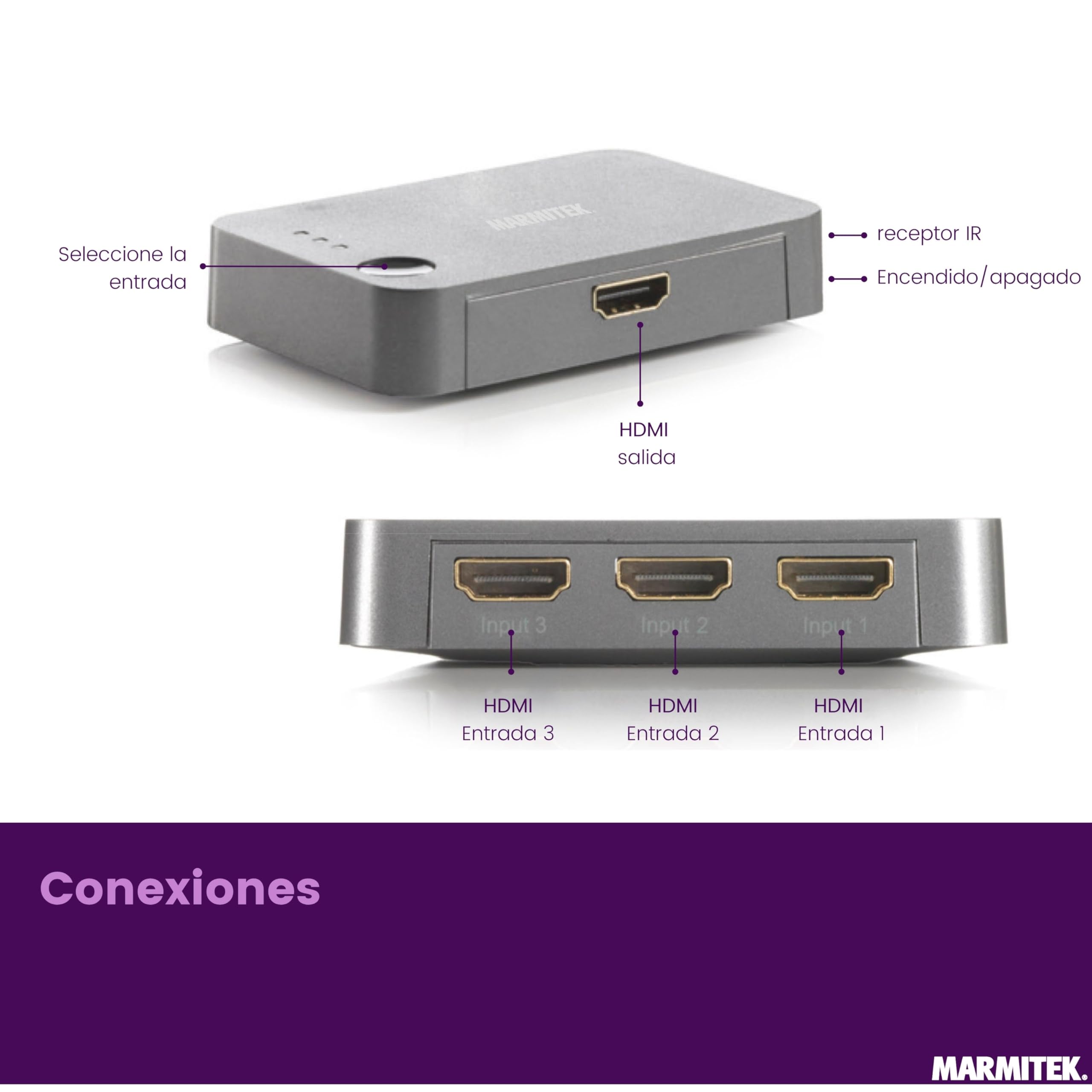 Marmitek Connect 310 UHD 2.0 - Switch HDMI 4K60 3 entradas 1 Salida UHD